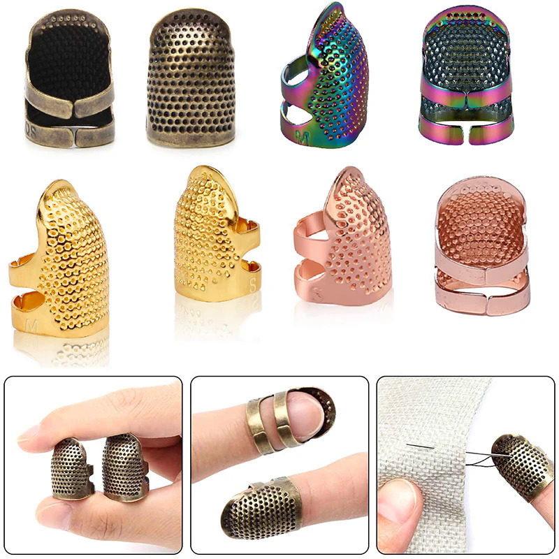 8Pcs Sewing Thimble,Sewing Needles, Finger Protector Adjustable Metal Rings  Kit