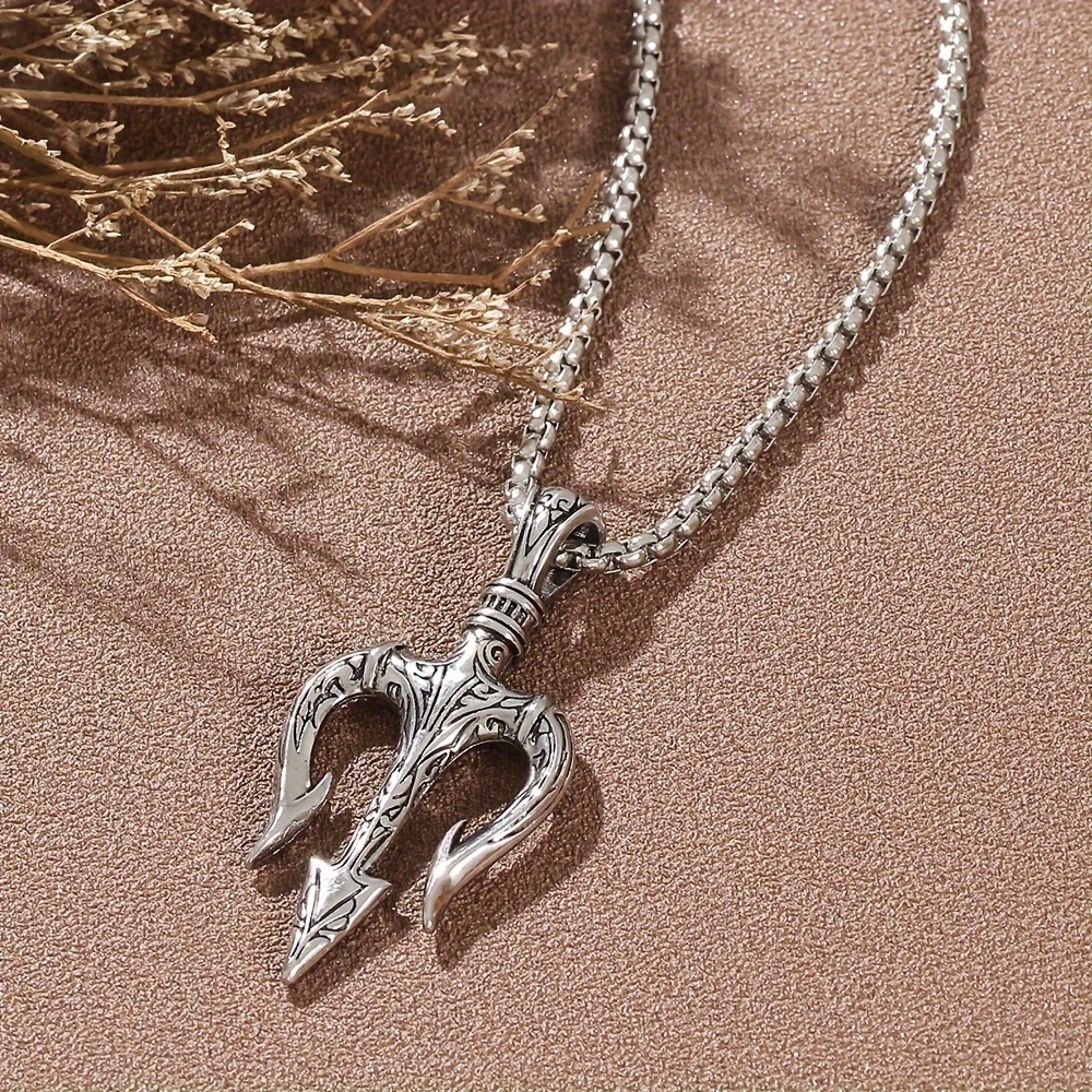 Male Mens Grey Poseidon Trident Necklace Pendant Neptune Greek Charm  Necklace