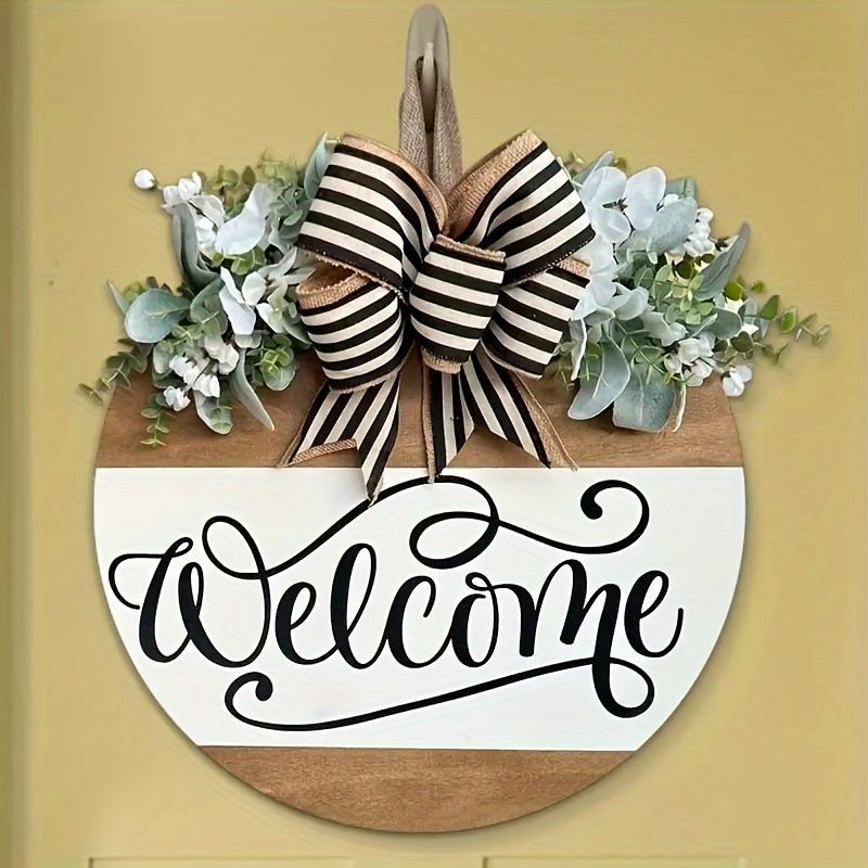 Coronas de bienvenida 3D para puerta delantera, corona blanca de 13  pulgadas, letrero de bienvenida redondo de madera, decoración de porche de