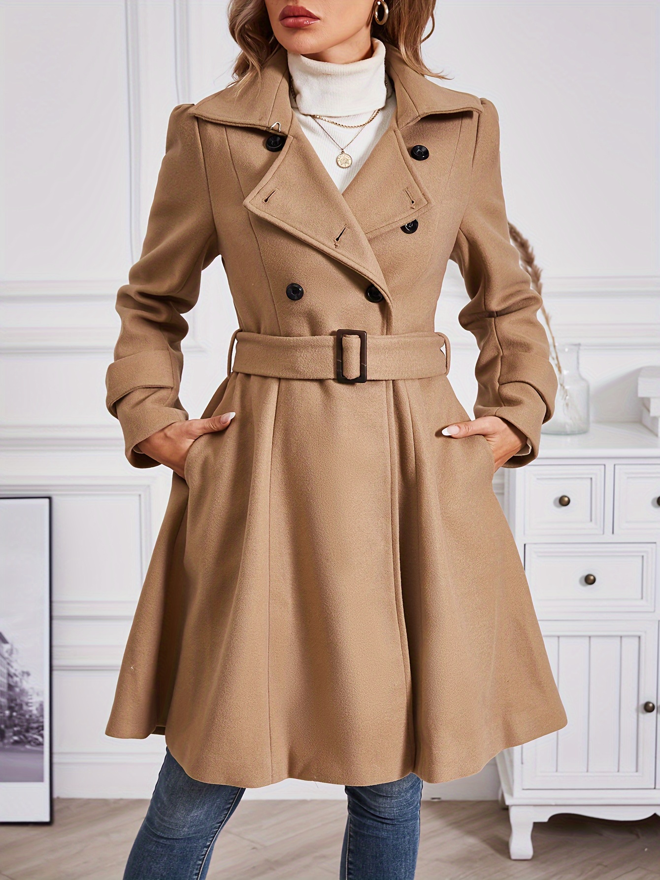 Double Breasted Lapel Coat - Temu