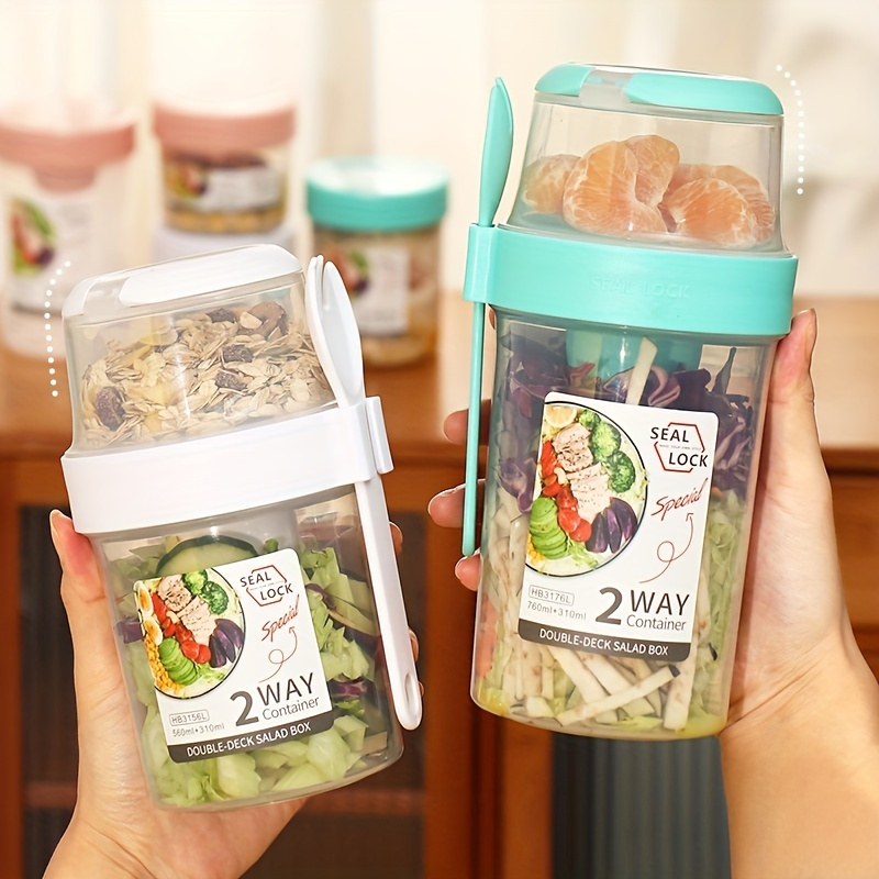 Portable Plastic Double Layer Breakfast Salad Shaker Cup with Fork Spoon, Overnight  Oats Containers - AliExpress