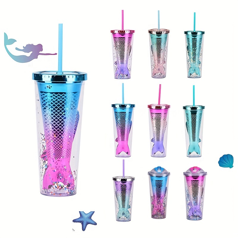 Gradient Mermaid Straw Cup Double Layer Plastic Office Coffee Cup Home  Kitchen Bar Cold and Warm Drinking Set Gift for Friends