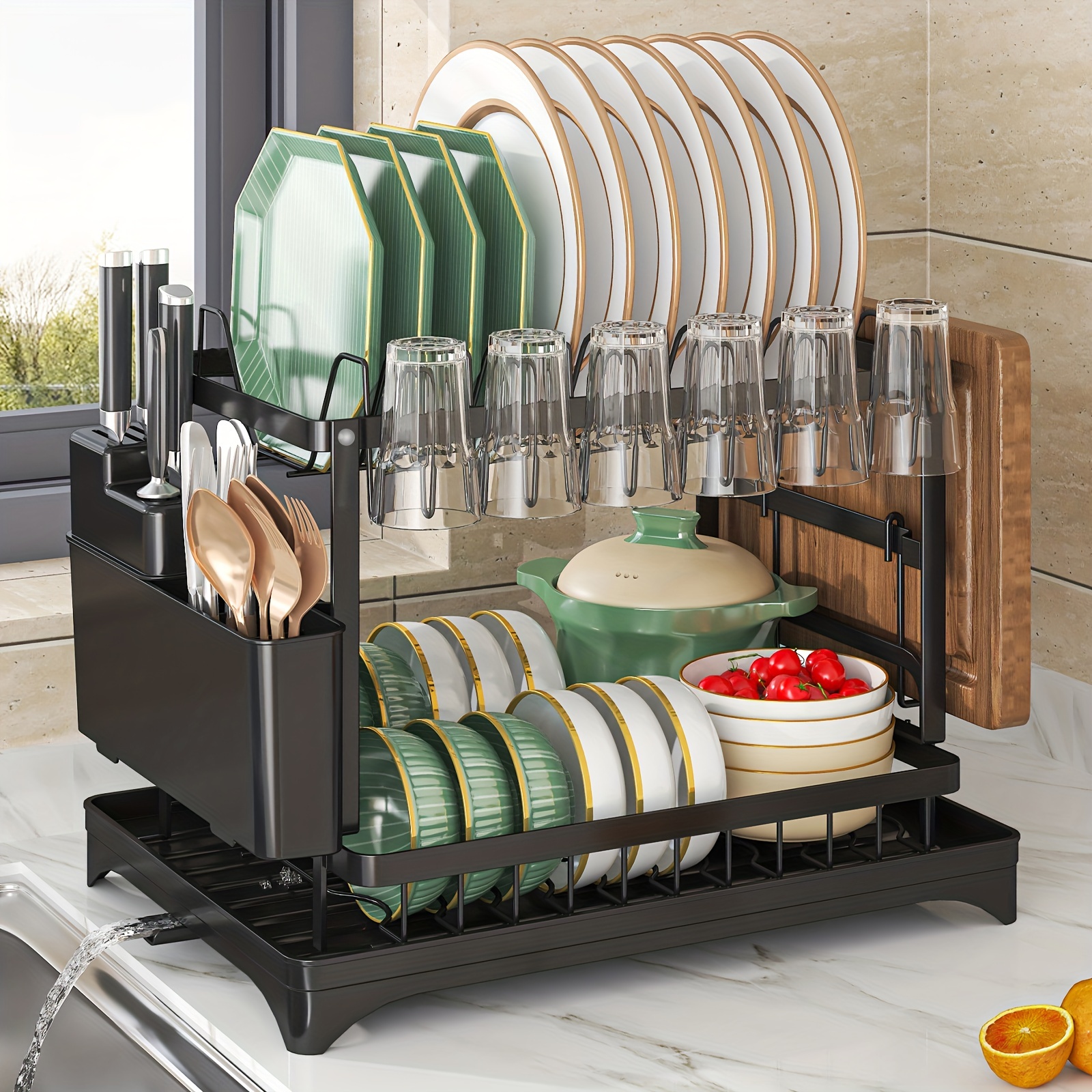 GSlife Dish Drying Rack with Drainboard - Expandable 2-in-1 Dish Racks for  Kitchen Counter and Sink, Rust-Resistant Metal Dish Drainer with Pan Slots