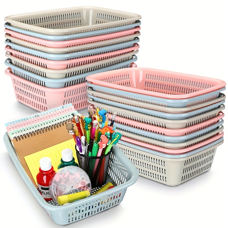 16 cestas de almacenamiento para el aula, organizador de lápices para aula,  cestas de plástico para libros de biblioteca, bandejas para almacenamiento
