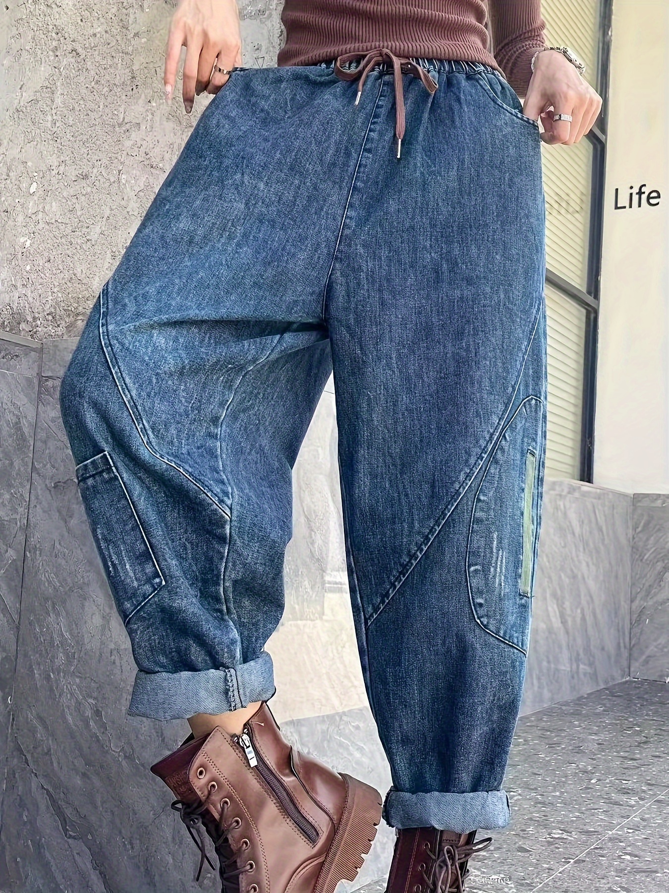 Women Elastic Waist Drop Crotch Jeans Harem Pants Drawstring Denim Long  Trousers