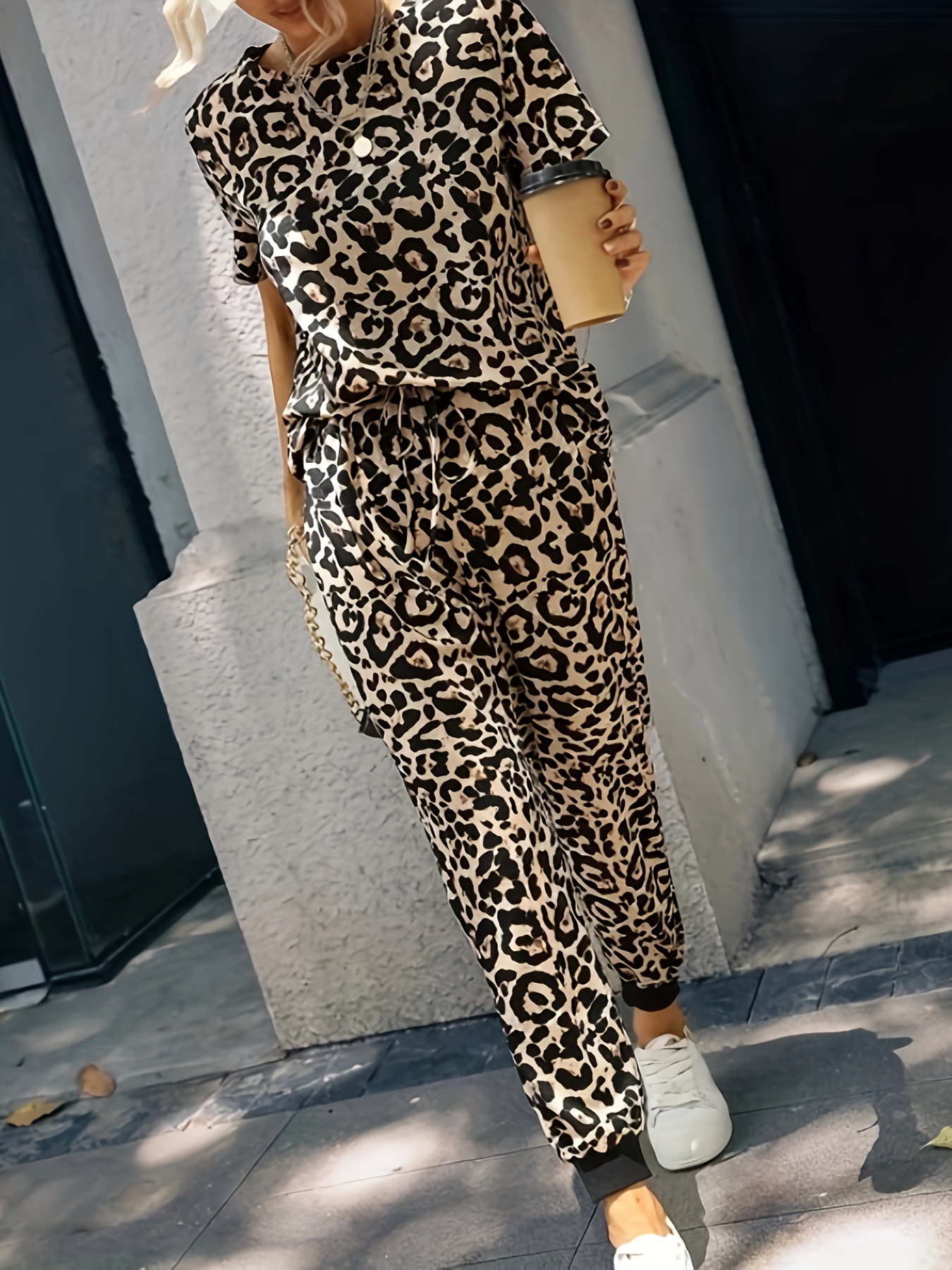 Casual Matching Two-piece Set, Colorblock Leopard Print Zipper Top &  Drawstring Pants Outfits, Women's Clothing