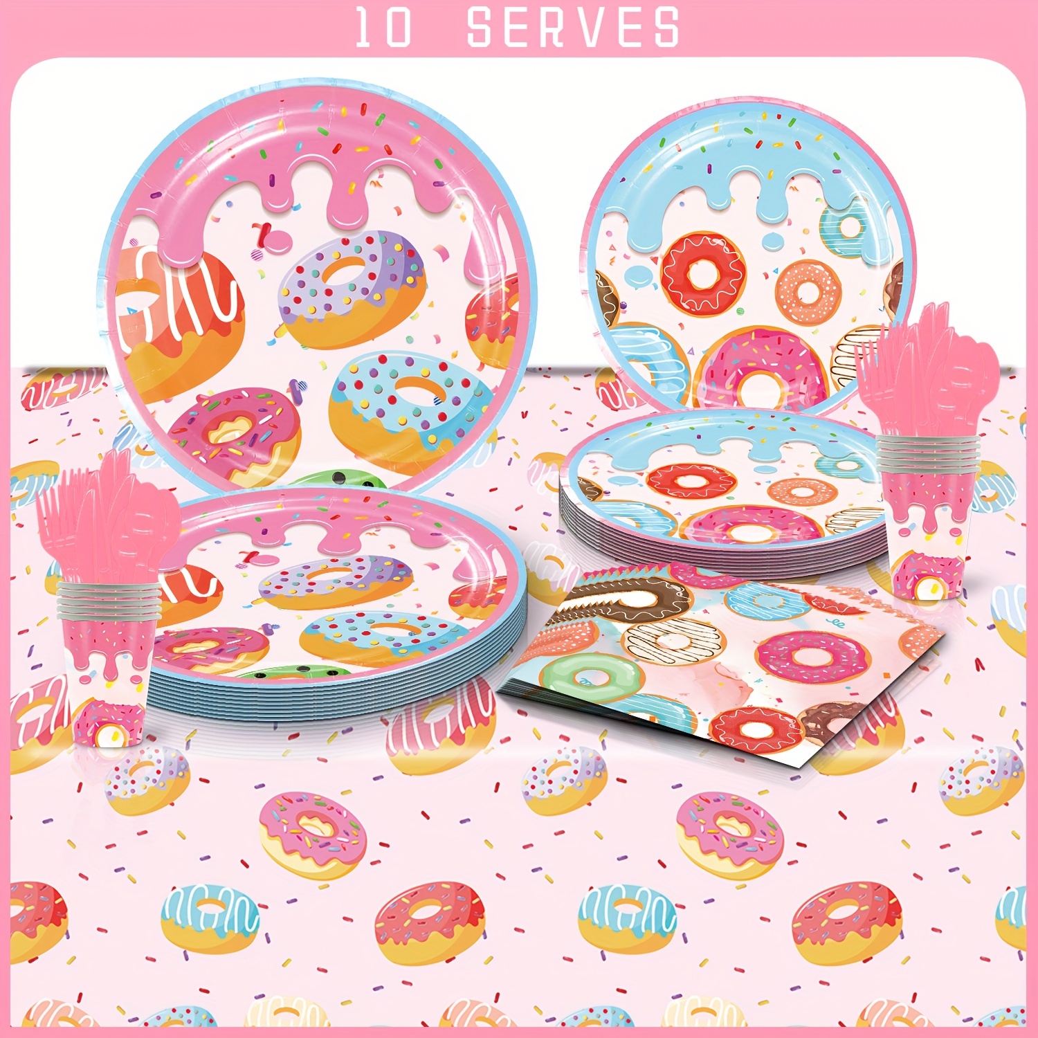 10pcs Donut Theme Party Disposable Paper Cups, Baby Birthday Holiday Home  Party Disposable Cutlery Drinking Cup, Disposable Dinner Plate, Disposable  Napkins , Disposable Tablecloth