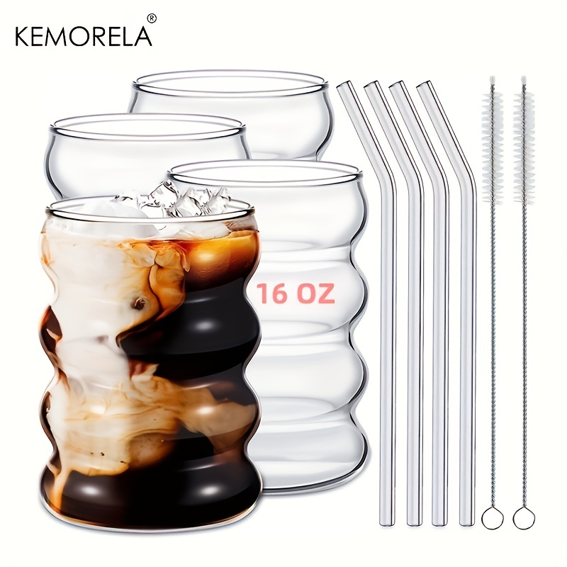 NETANY Drinking Glasses with Glass Straw 4pcs Set - 16oz Can  Shaped Glass Cups for Beer, Iced Coffee, Tumbler Cup for Whiskey, Soda,  Tea, Water, Gift - 2 Cleaning Brushes