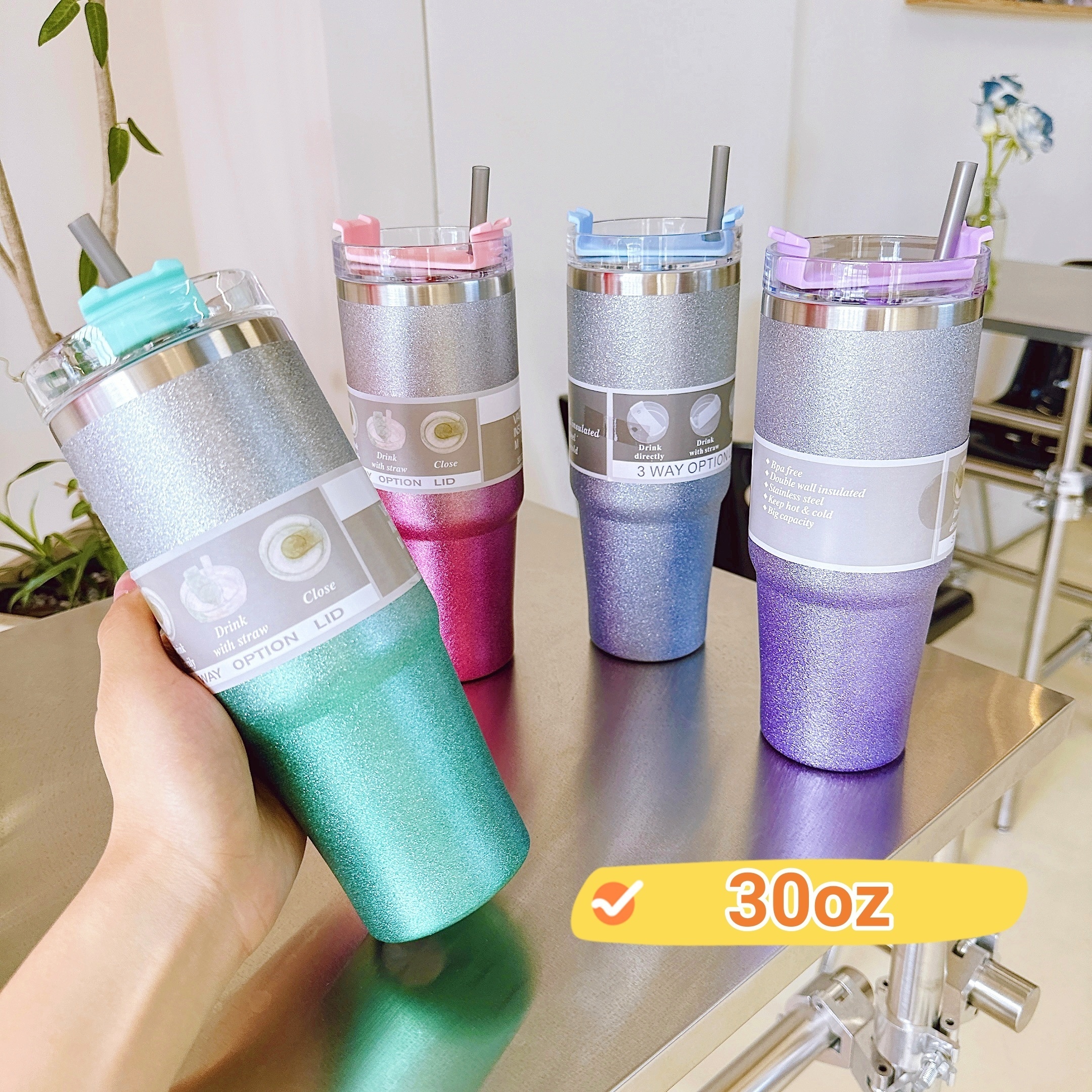 Stainless Steel Glitter Tumbler With Straw Portable Gradient - Temu