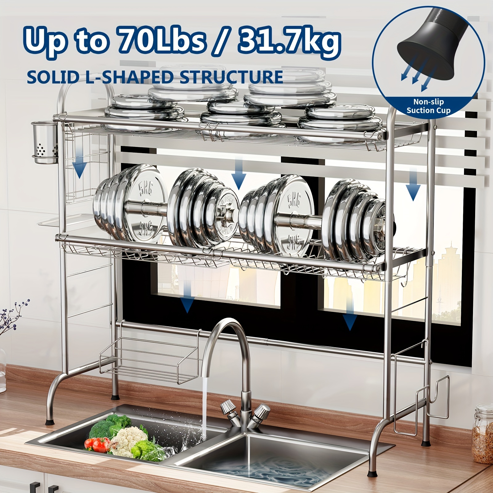 Kitchen Over Sink 2 Tier Dish Drainer, Large Dishes Drying Rack, Kitchen  Sink Organizer, Stainless Steel, Ultimate Space Saver, Sturdy Dish Racks  for