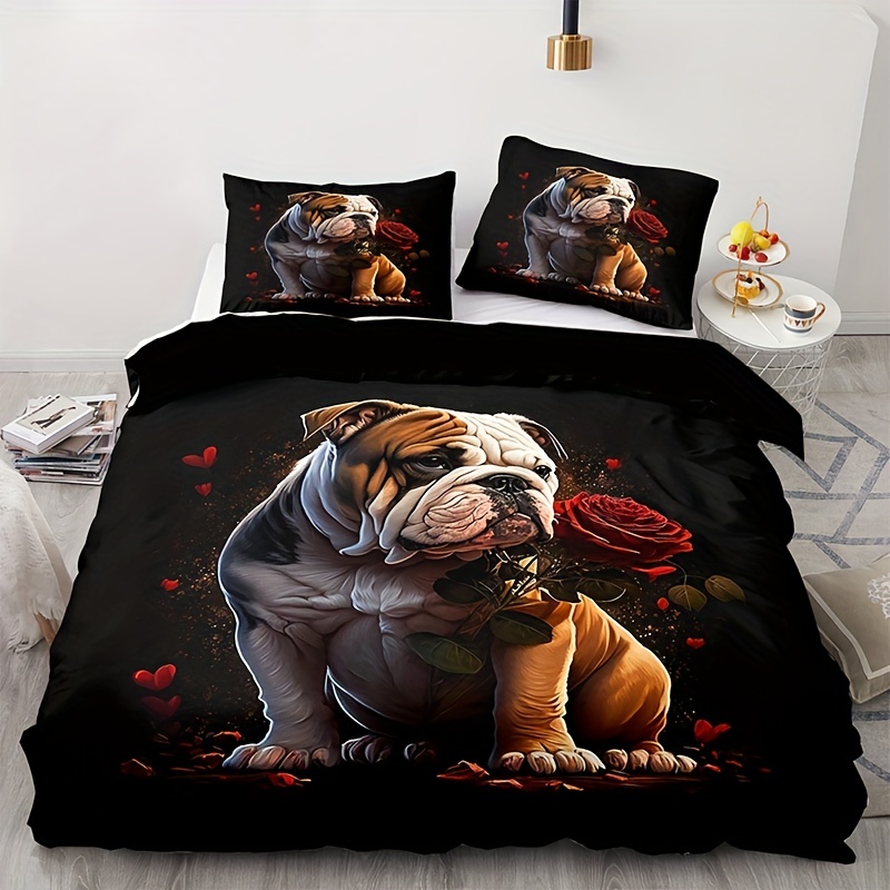 English Bulldog King Size Duvet Cover Set, Pure Breed Bulldog with Glasses  and Books Hardworking Animal, Decorative 3 Piece Bedding Set with 2 Pillow  Shams, Black Pale Brown White, by Ambesonne 