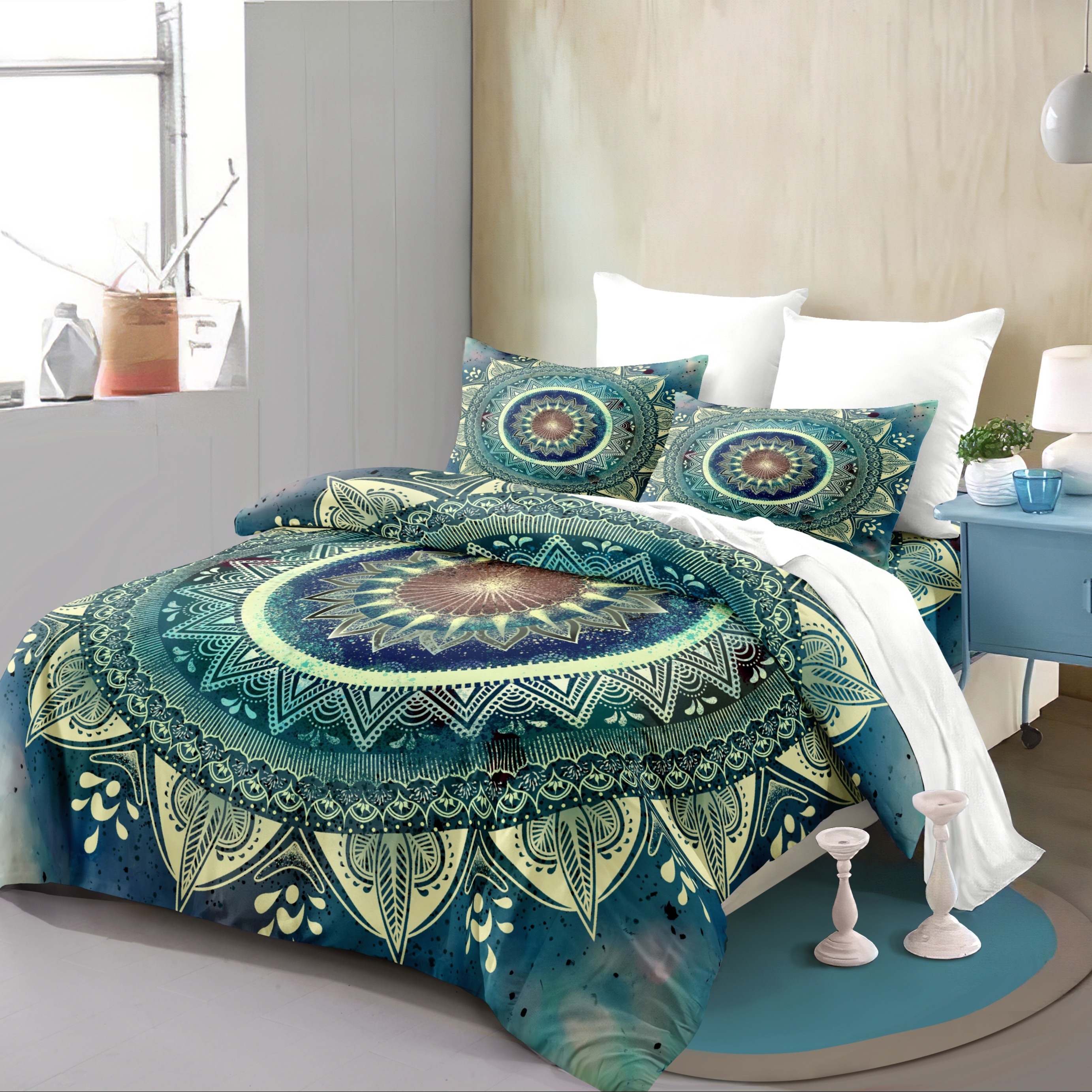 Ropa de cama con mandala en marrón ocre 200 x 220 cm, funda nórdica  bohemia, ropa de cama india de 100% algodón, cosida a mano con telas de  mandala -  España