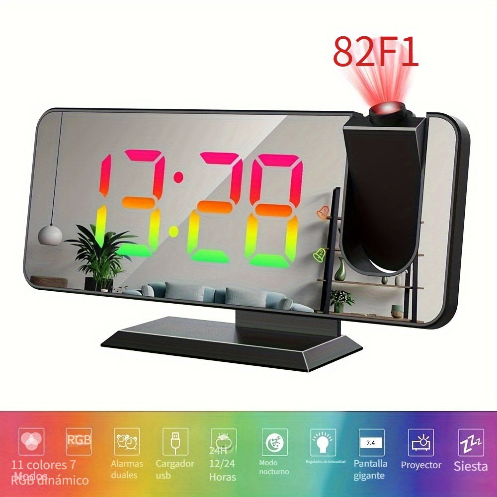 Reloj despertador de proyección para dormitorio, reloj digital grande de  7.8 pulgadas con proyector de 180°, puerto de carga USB, pantalla de