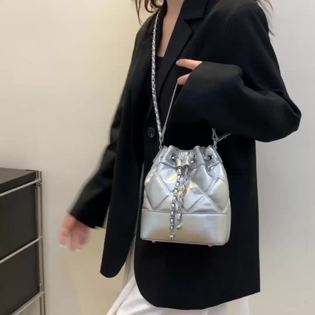 Mini Crossbody Shoulder Evening Bag Shinny Bling Clutch Purse Bucket Pearl Strap Handbag for Women