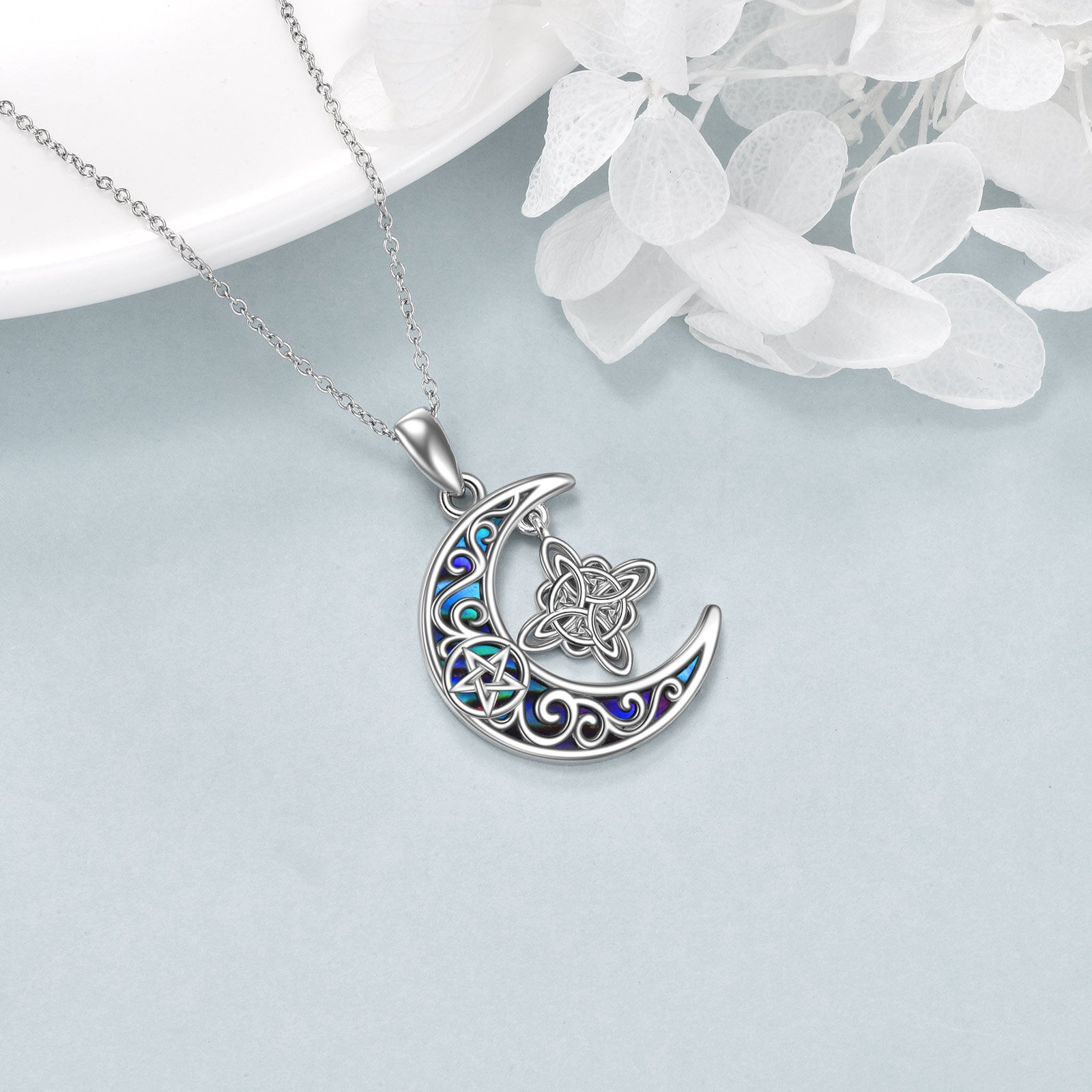 Sterling Silver Witch's Knot Necklace with Abalone Shell Pendant