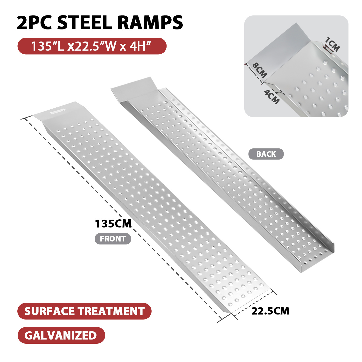 135cm Dual- Loading Ramp, Made Of Galvanized Steel, Slip-resistant, With A Load Capacity Of 400kg; Suitable And Unloading Trailers, Motorcycles, Scooters, Atvs, And Cars
