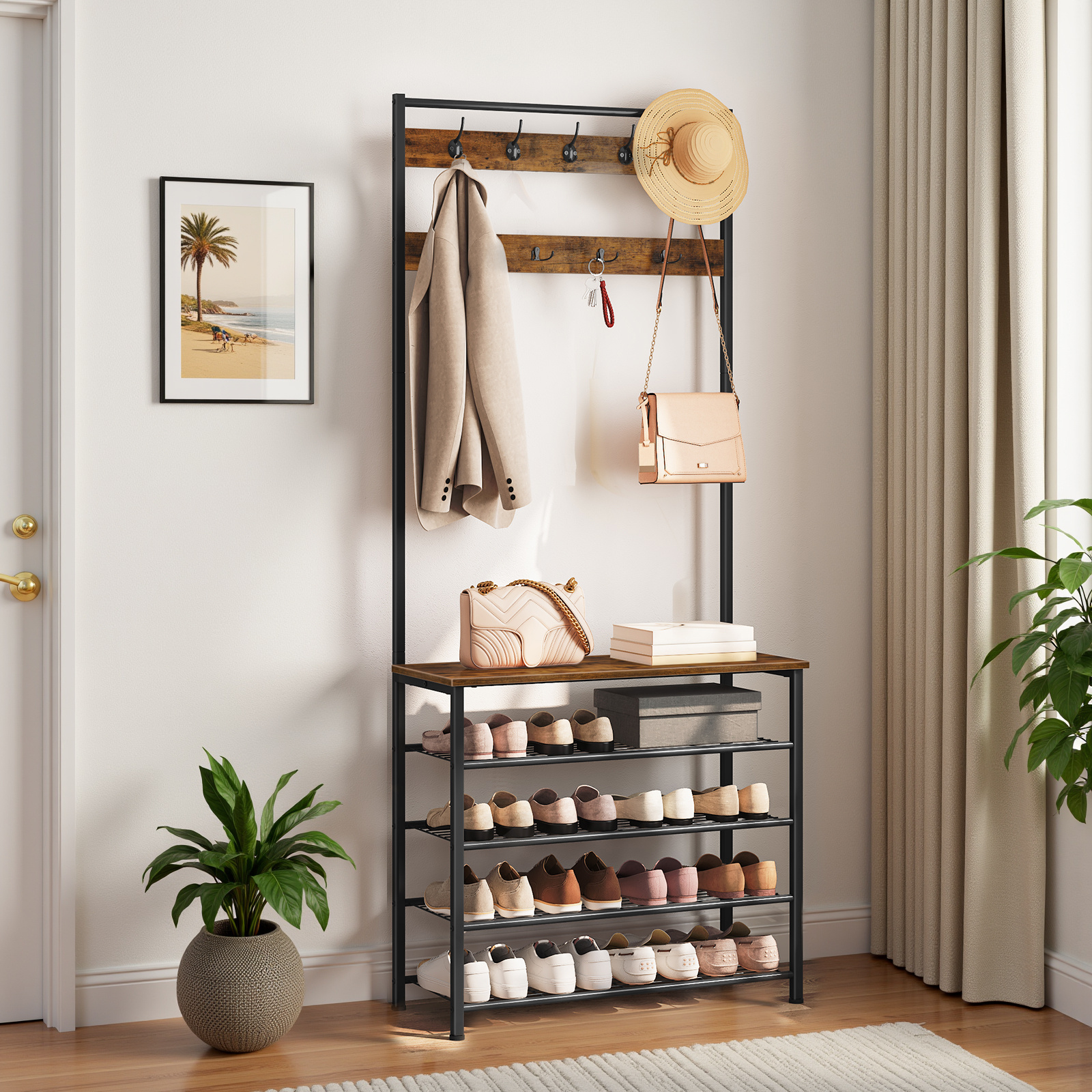 Rustic Brown & Black Free-Standing Coat Rack with 9 Hooks