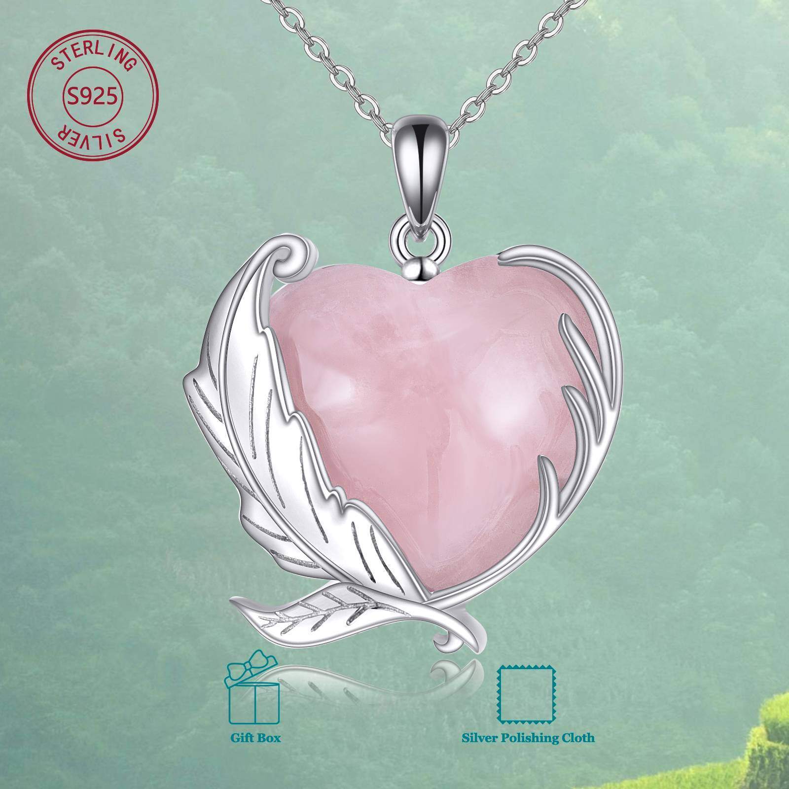 Image of Yafeini Elegant Feather Necklace Sterling Silvery Synthetic Rose Quartz Pendant Necklace Heart Jewelry For Women Pink Gifts For Mom Wife