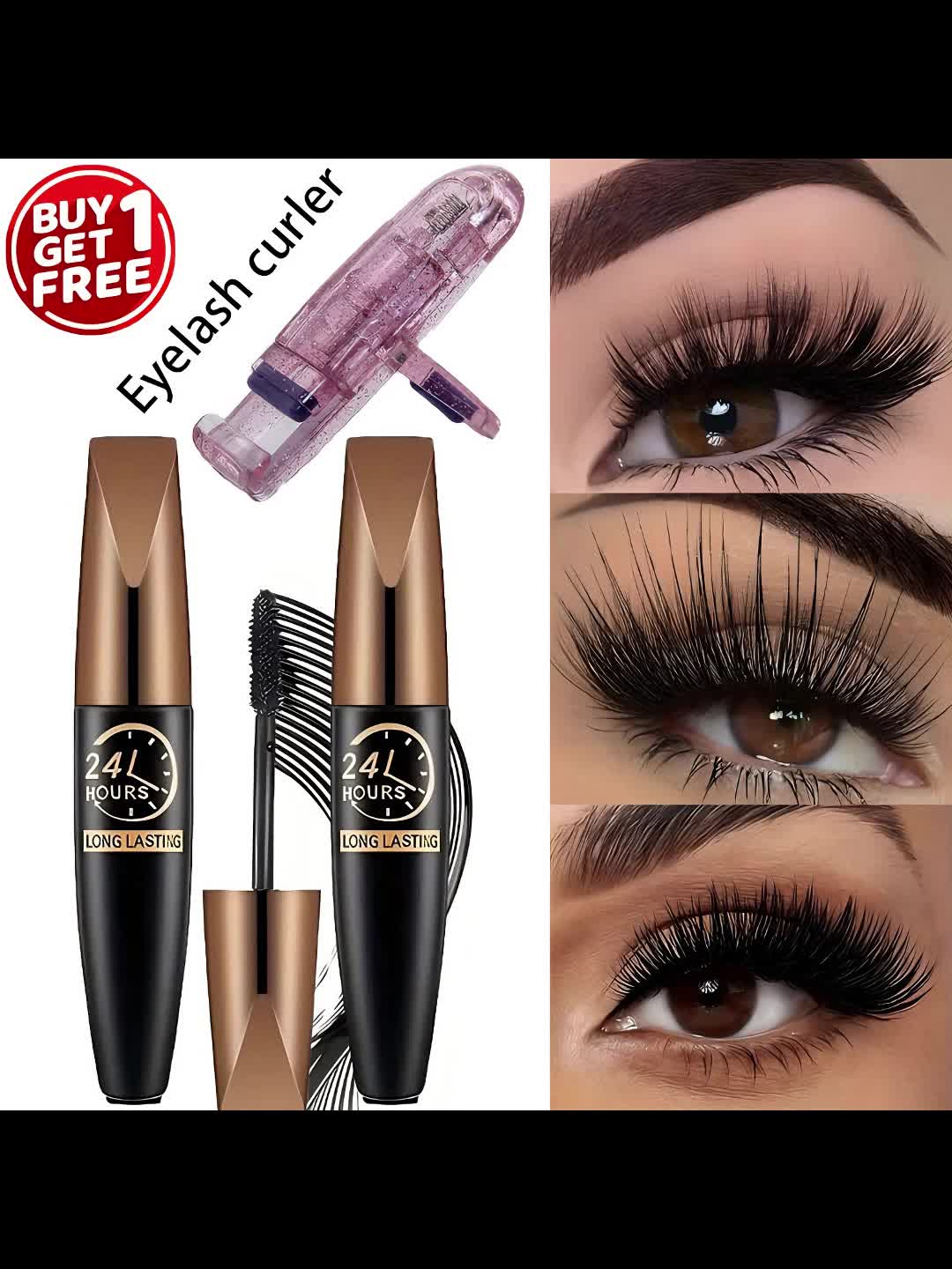 2pcs Waterproof Black Fiber Mascara with Eyelash Curler, Long-Wearing, Volumizing, No Clump, Smooth Application