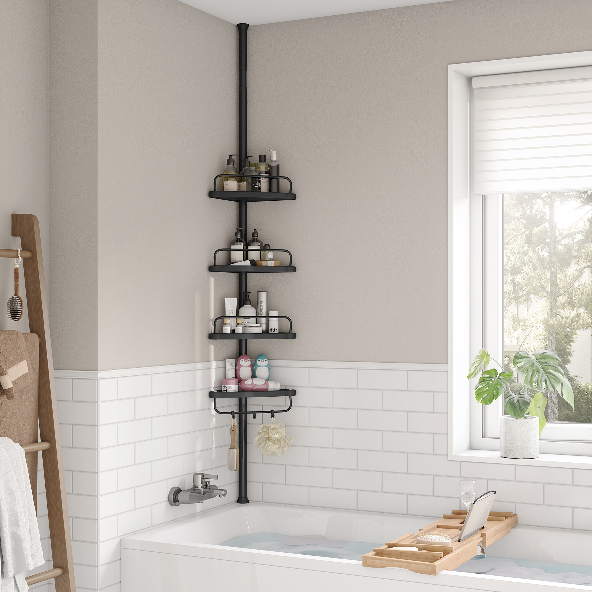E-shop 4-Etagen Duschregal 85-305cm Verstellbarer Badezimmer-Duschkorb, Regale für die Ecke, Duschorganizer