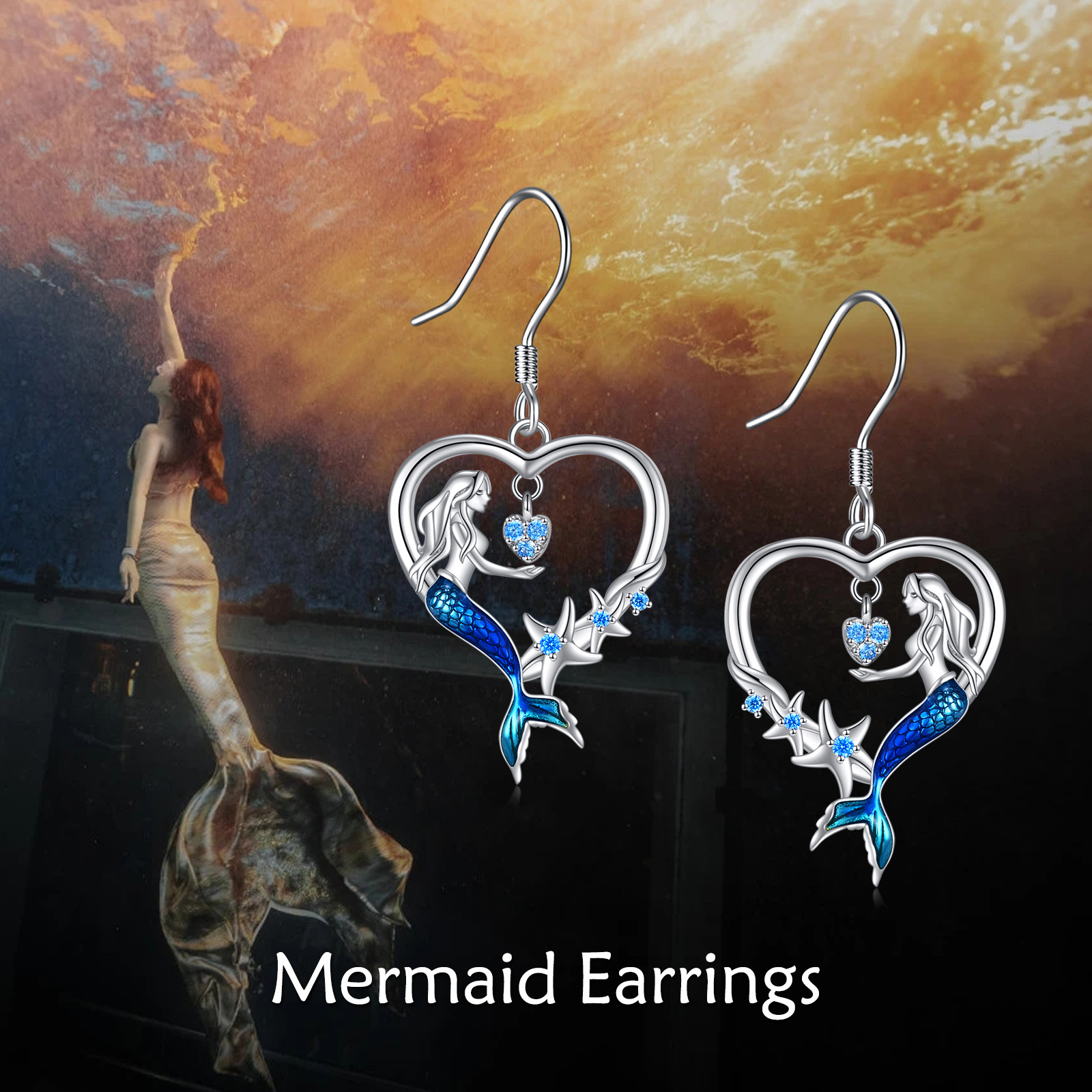 Mermaid Earrings 925 Sterling Silver Heart Starfish Earrings