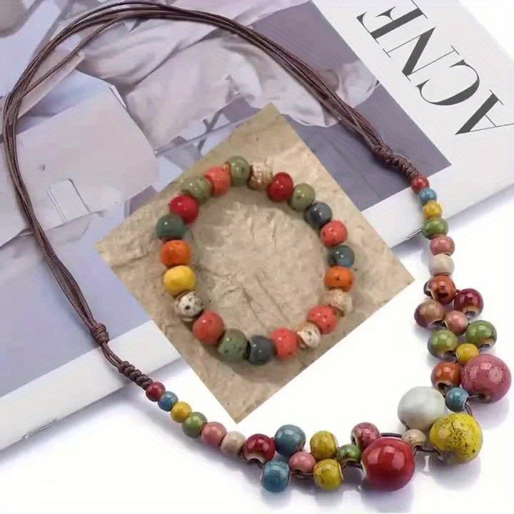2 Pack Women's Ceramic Bead Y Necklaces, Adjustable Length