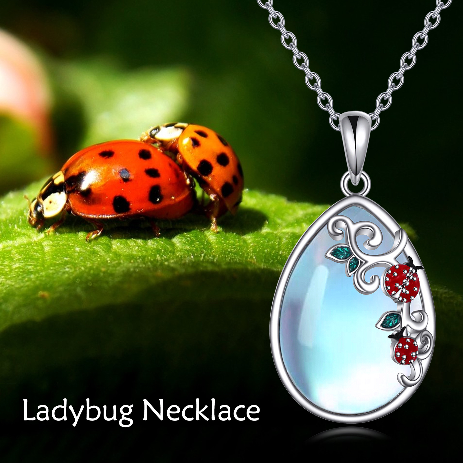 Red Ladybug Moonstone Mother Daughter Necklace Sterling Silver
