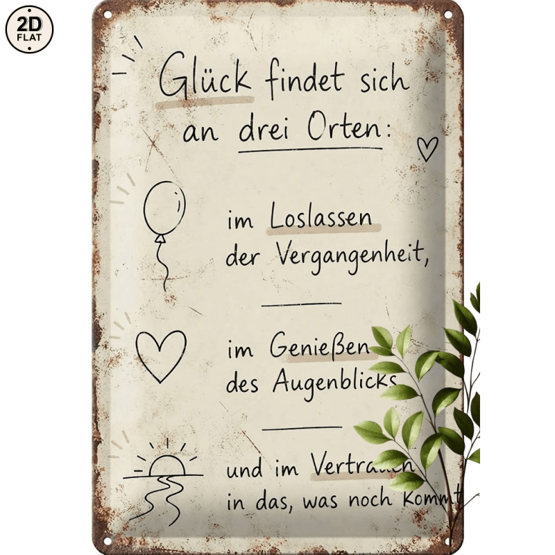 TEMU 2D-Flach, . Metallschild. Zitat „Glück man an drei Orten“, für Zuhause, Büro, Bar, Außendekoration, 20x30cm, 2D-FLACH, 2D-Flach