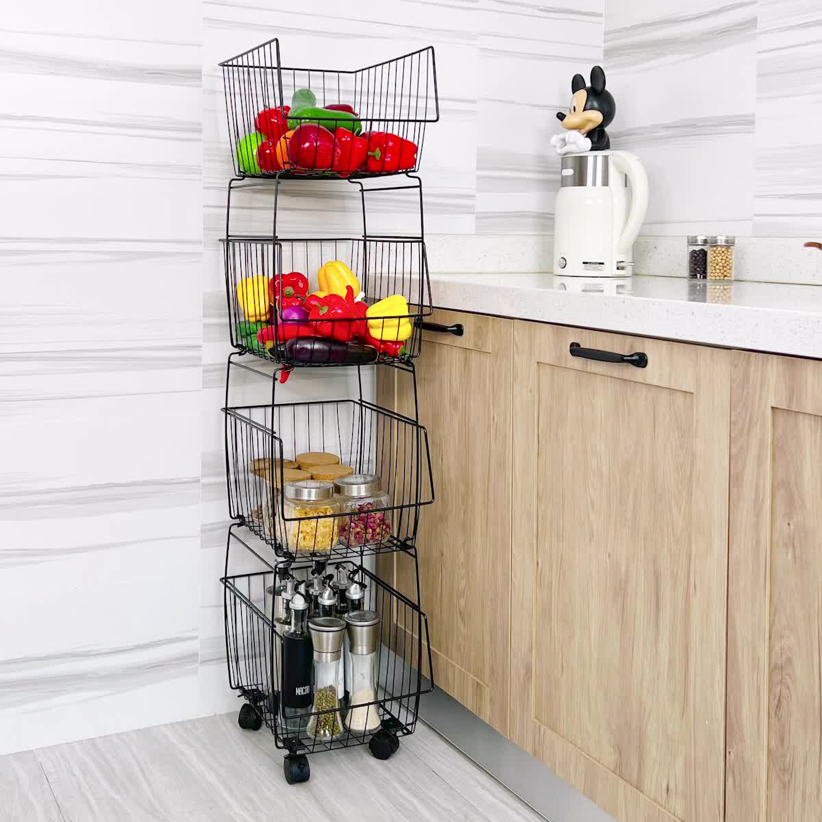 Four-Tier Elevated Stackable Basket Cart for Kitchen Supplies