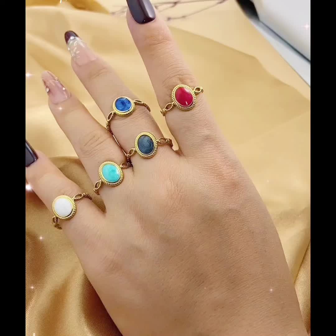 Trendy Hollow Oval Enamel Drip Glaze Stainless Steel Ring
