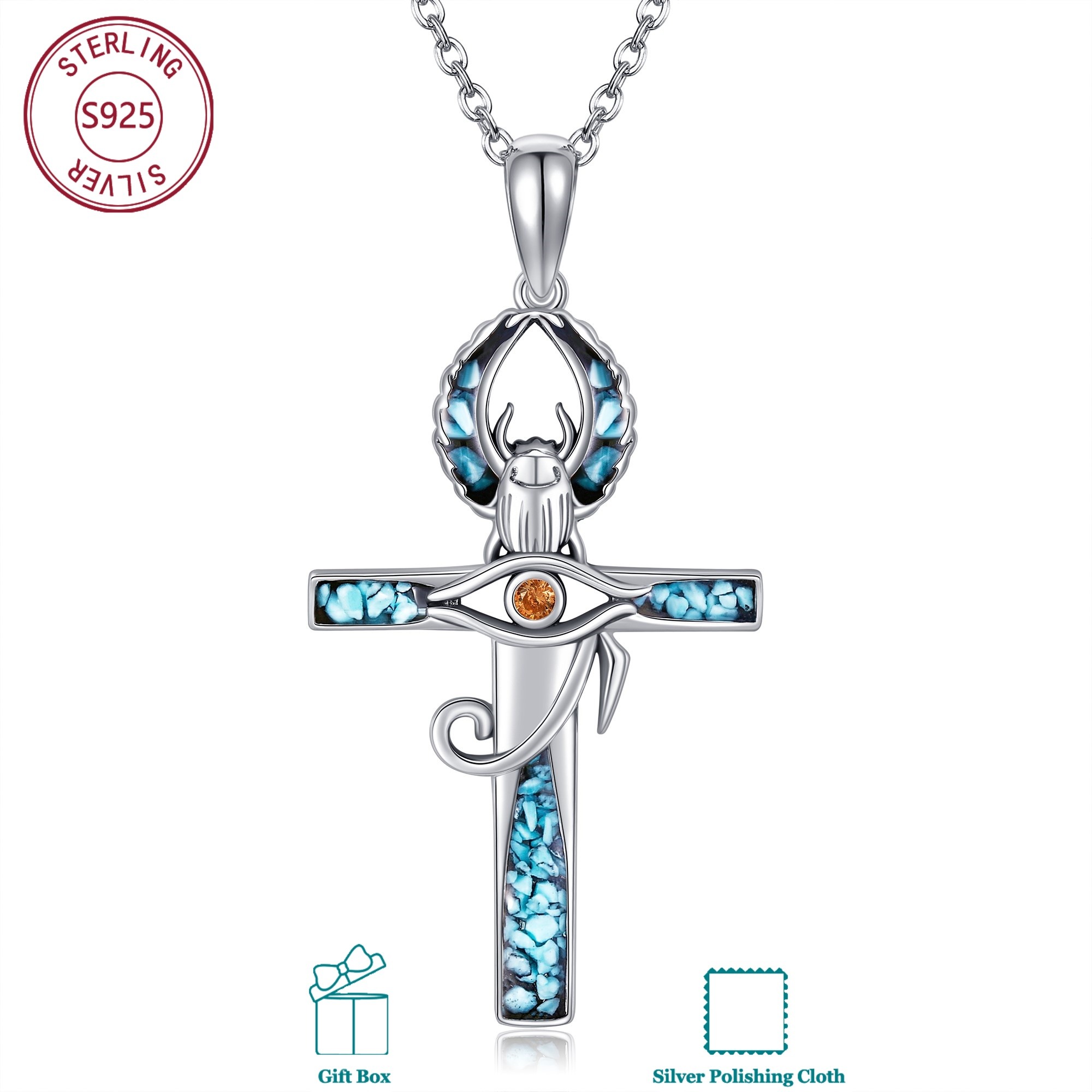 925 Sterling Of Horus Necklace With Synthetic Turquoise, Ancient Of Protection, Suitable For And Daily Evil Eye Wear, Women's Hypoallergenic
