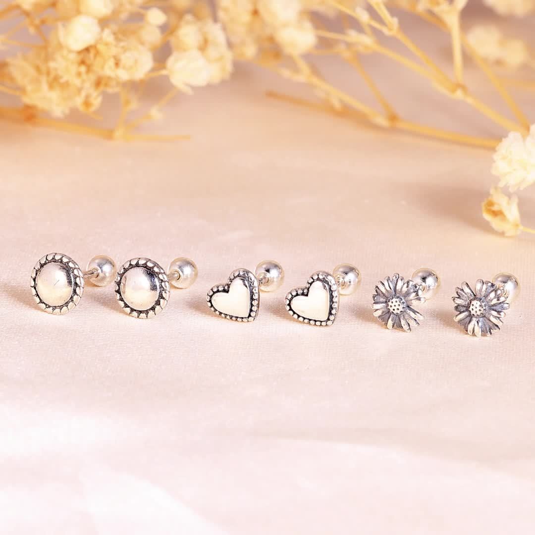 925 Silver Heart & Round Thread Ear Studs - Vintage Small Daisy Ear Bone Studs