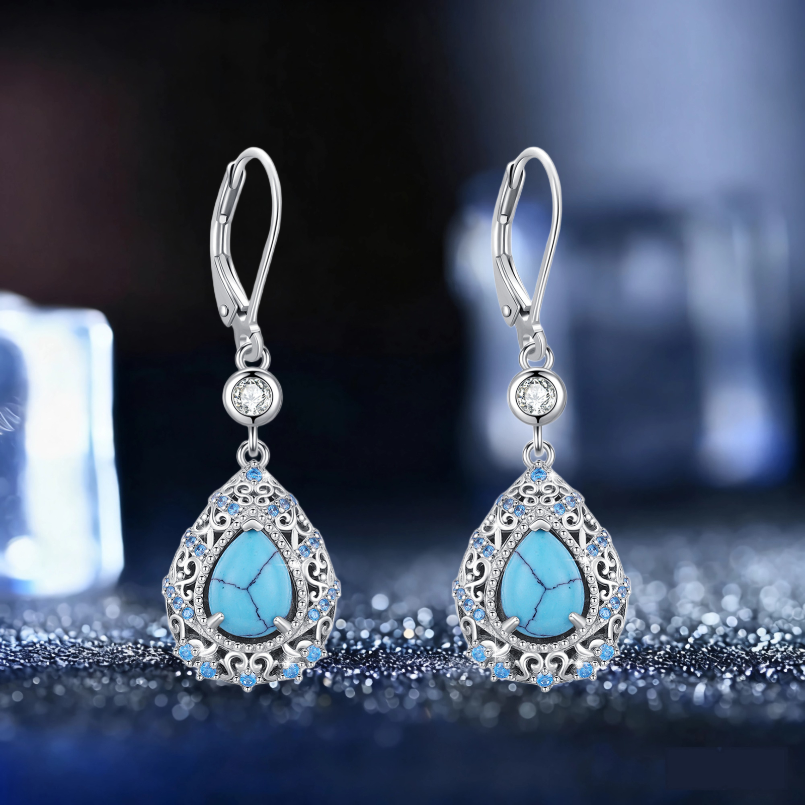 Image of 925 Sterling Silvery Dangle Earrings Turquoise Pendant Leverback Design With Synthetic Turquoise Gift For Women Birthday