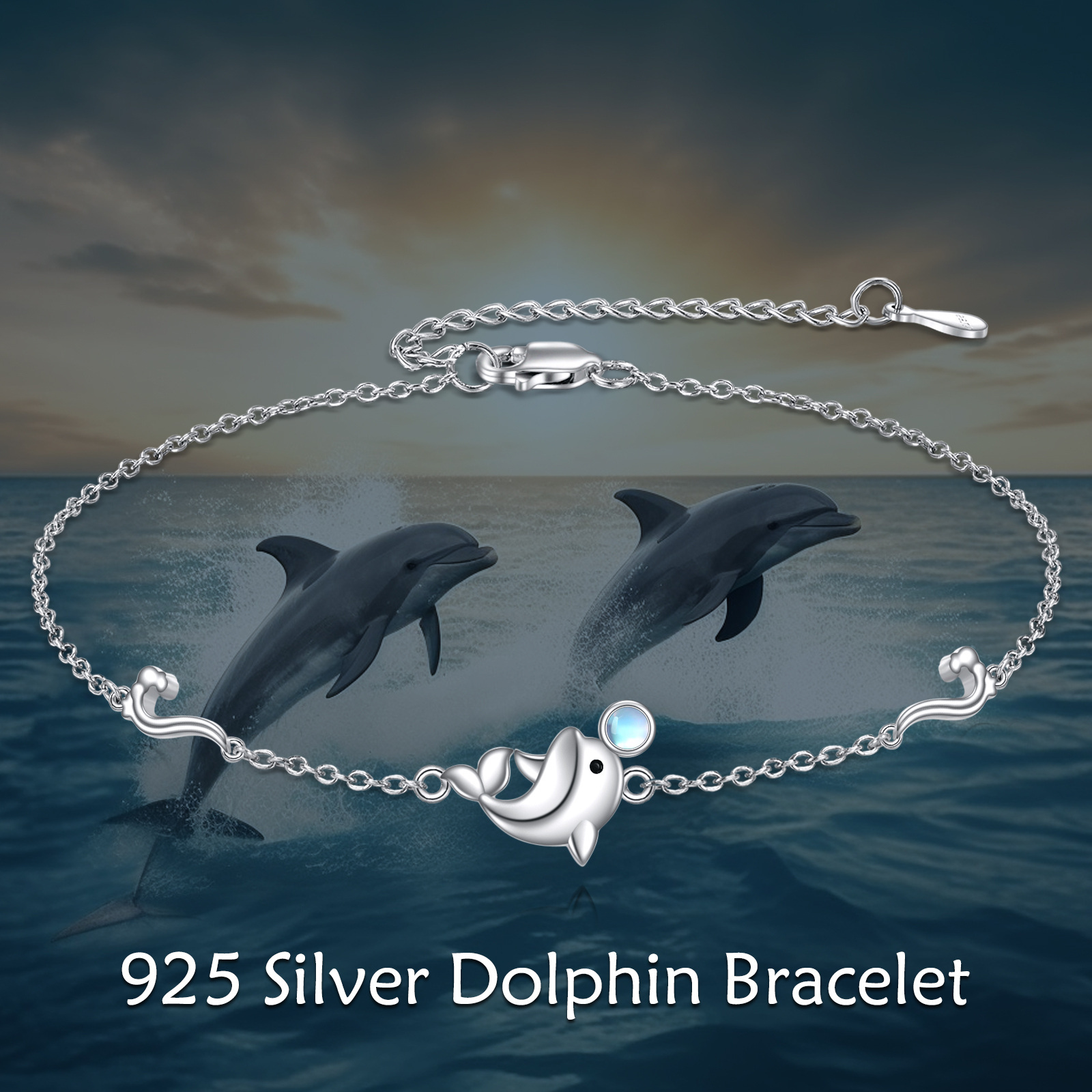 925 Sterling Silver Moonstone Dolphin Bracelet for Women