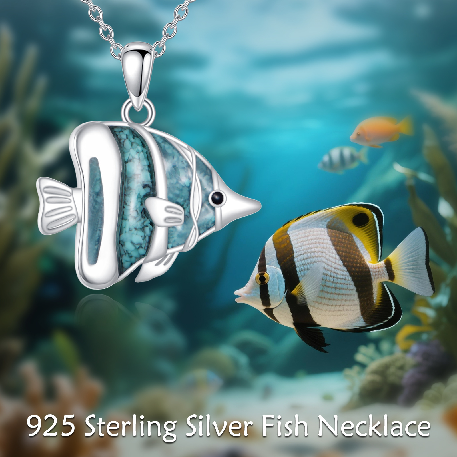 Women's 925 Sterling Silver Fish Necklace with Synthetic Turquoise