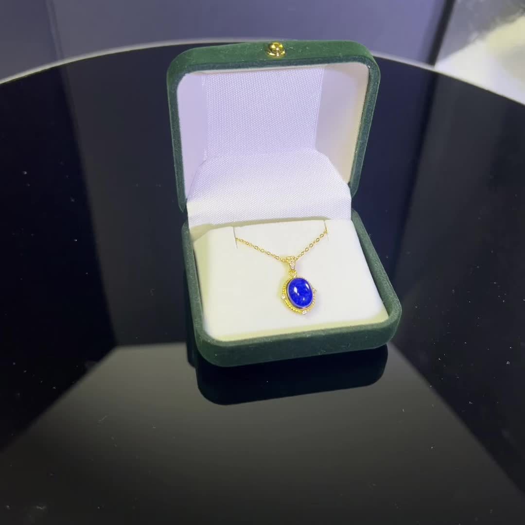 Vintage Oval Lapis Lazuli Pendant Necklace with 14K Golden Plated Chain