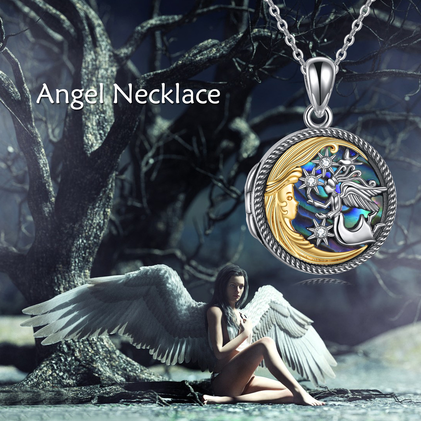 925 Sterling Silver Abalone Shell Guardian Angel Locket Necklace, Gift for All