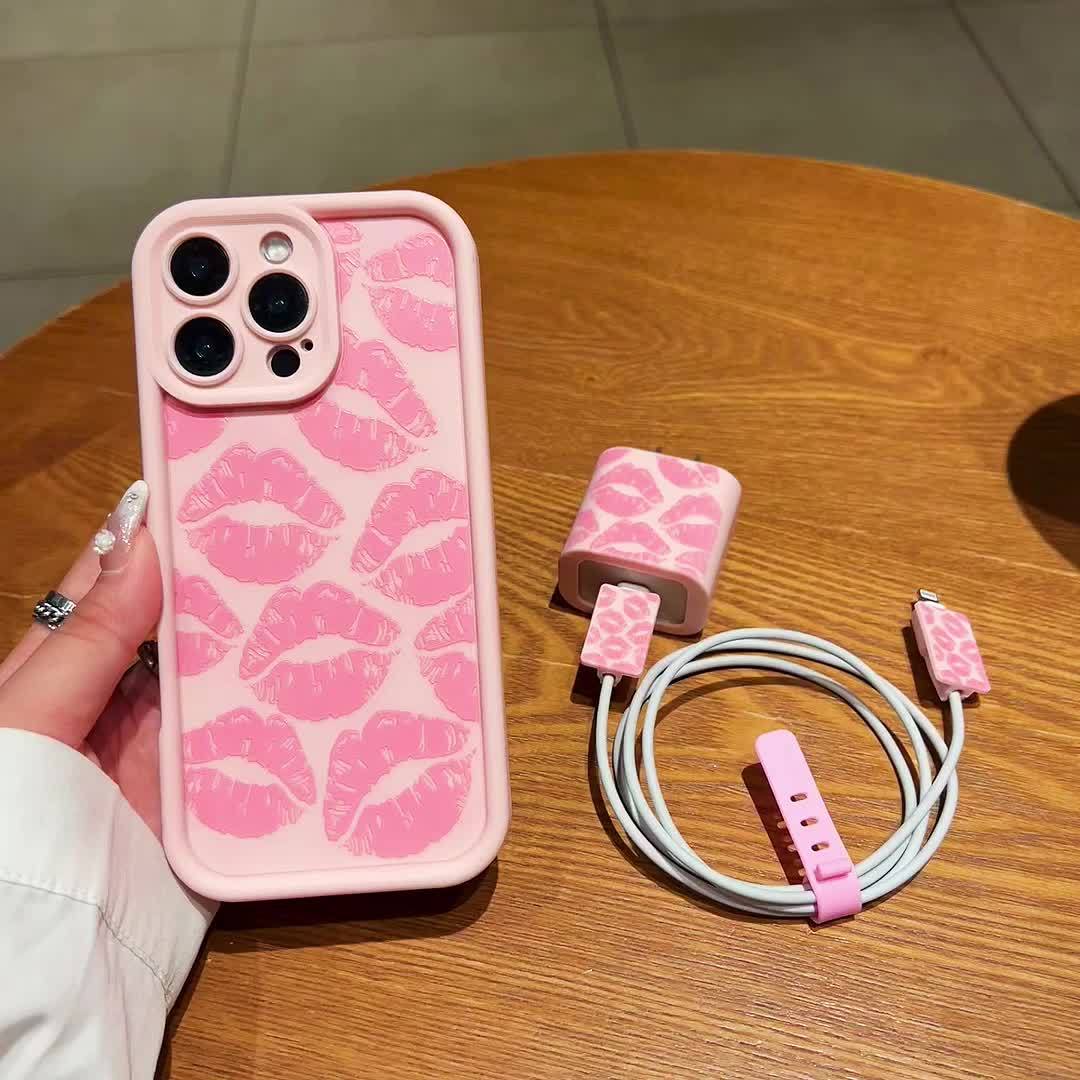 5pcs set of colorful heart-shaped pink mobile phone cases + data cable protective cases, compatible with Apple fast charging cables, suitable for iPhone11/12/12promax/13/13promax/14/14pro/14plus/14promax/15/15pro/16/16plus/16promax/16pro/15promax protective set - Image 6
