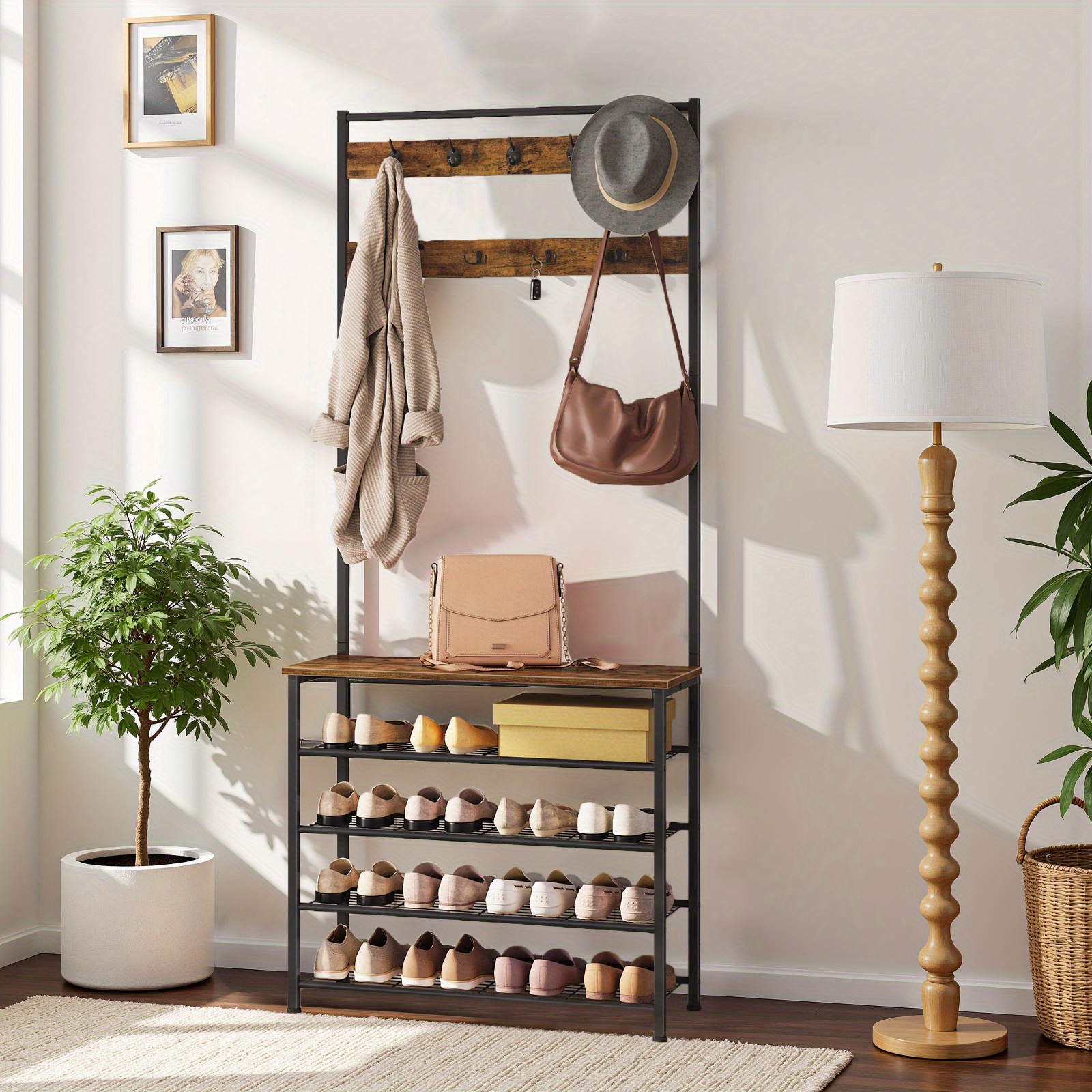 Rustic Brown & Black Free-Standing Coat Rack with 9 Hooks