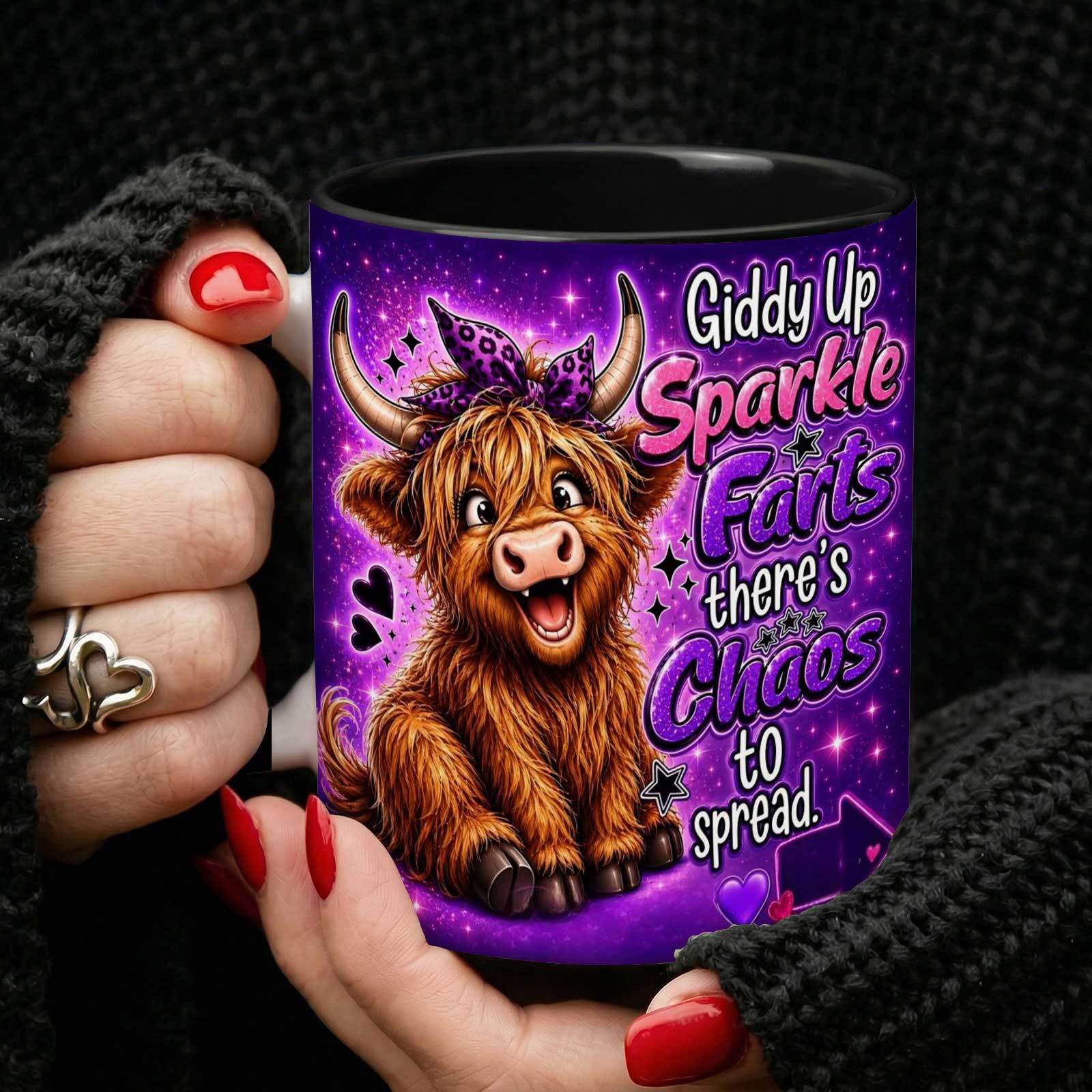 TEMU [sxiuuz] 1pc, Highland Cow Up Sparkle, 11oz Color Ceramic Mug, Funny Animal Galaxy Print Design, Suitable For Kitchen And Office, Birthday Gift,
