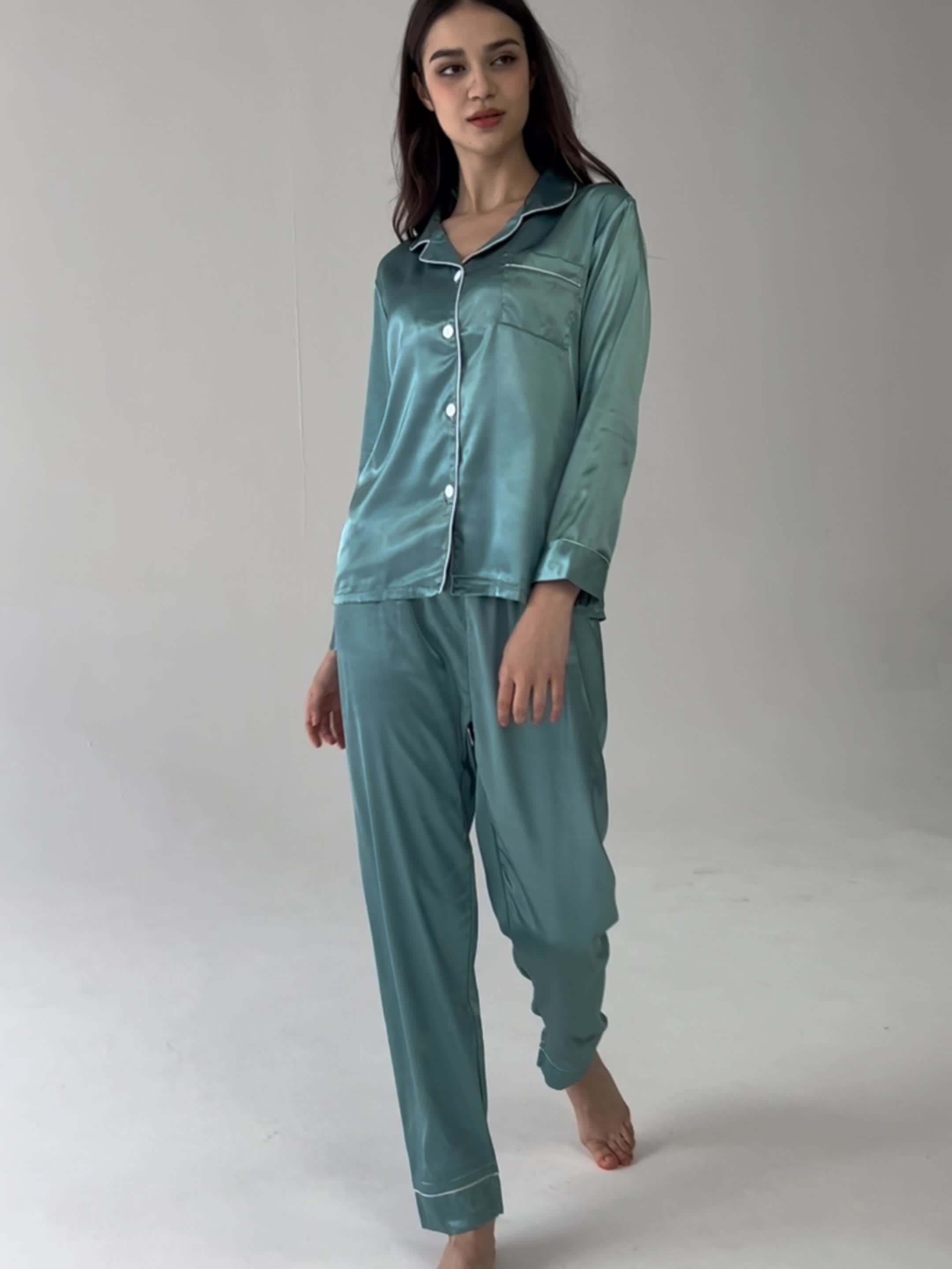 Striped Satin Pajama Set Long Sleeve Buttons Top Elastic - Temu