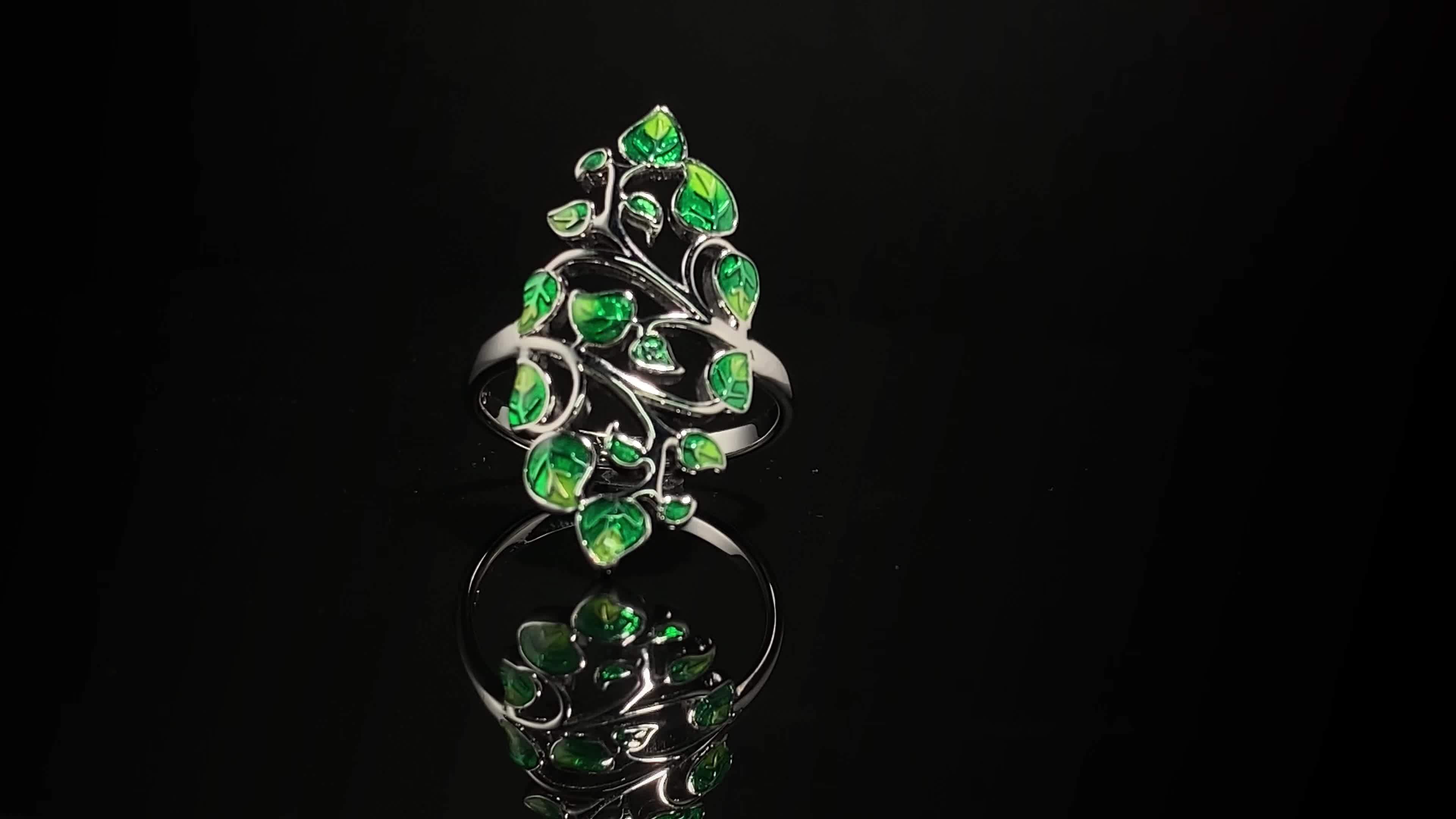 925 Silver Green Leave Branch Women's Ring High End Light Daily