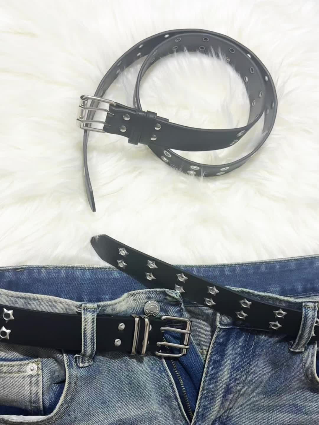 double studded eyelet belt black pu leather punk belt hip - Temu
