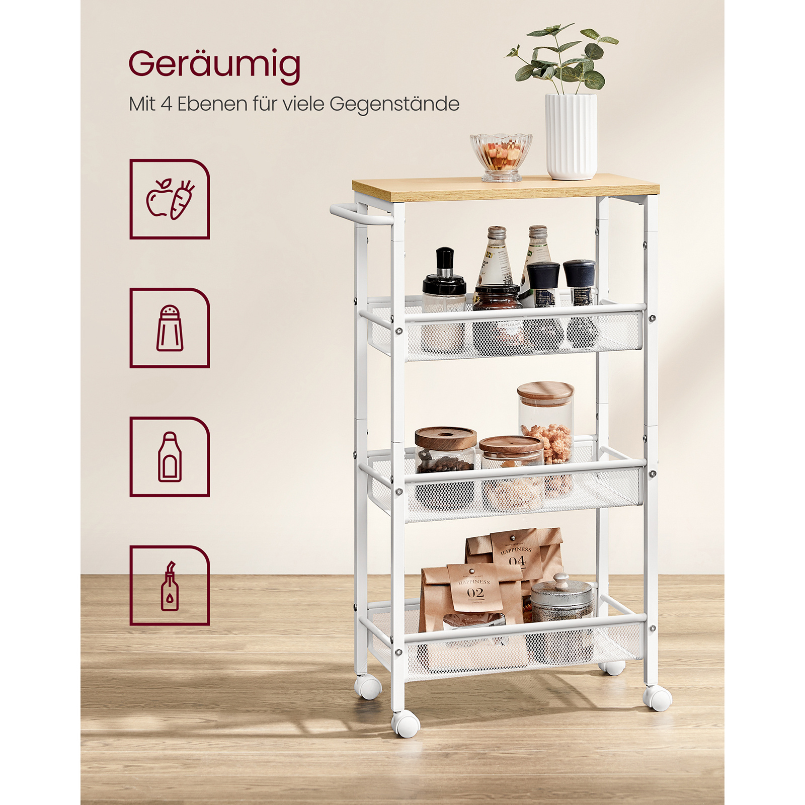 E-shop Rollwagen mit 4 Ebenen Schmaler Küchenwagen mit Nischenregal auf Rädern und Stahlgriff für Kleine Räume 22 x 45.4 x 77 cm Küche Badezimmer