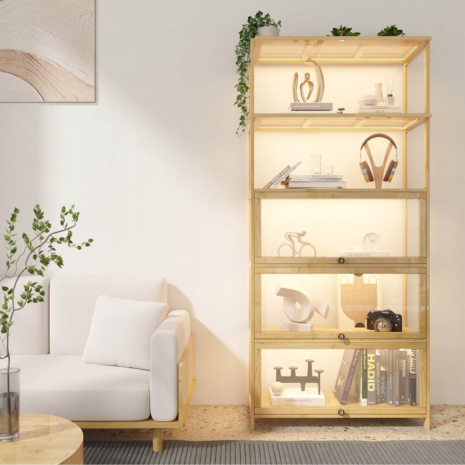 display cabinet storage 5 tier shelves clear bookcase stand rack natural
