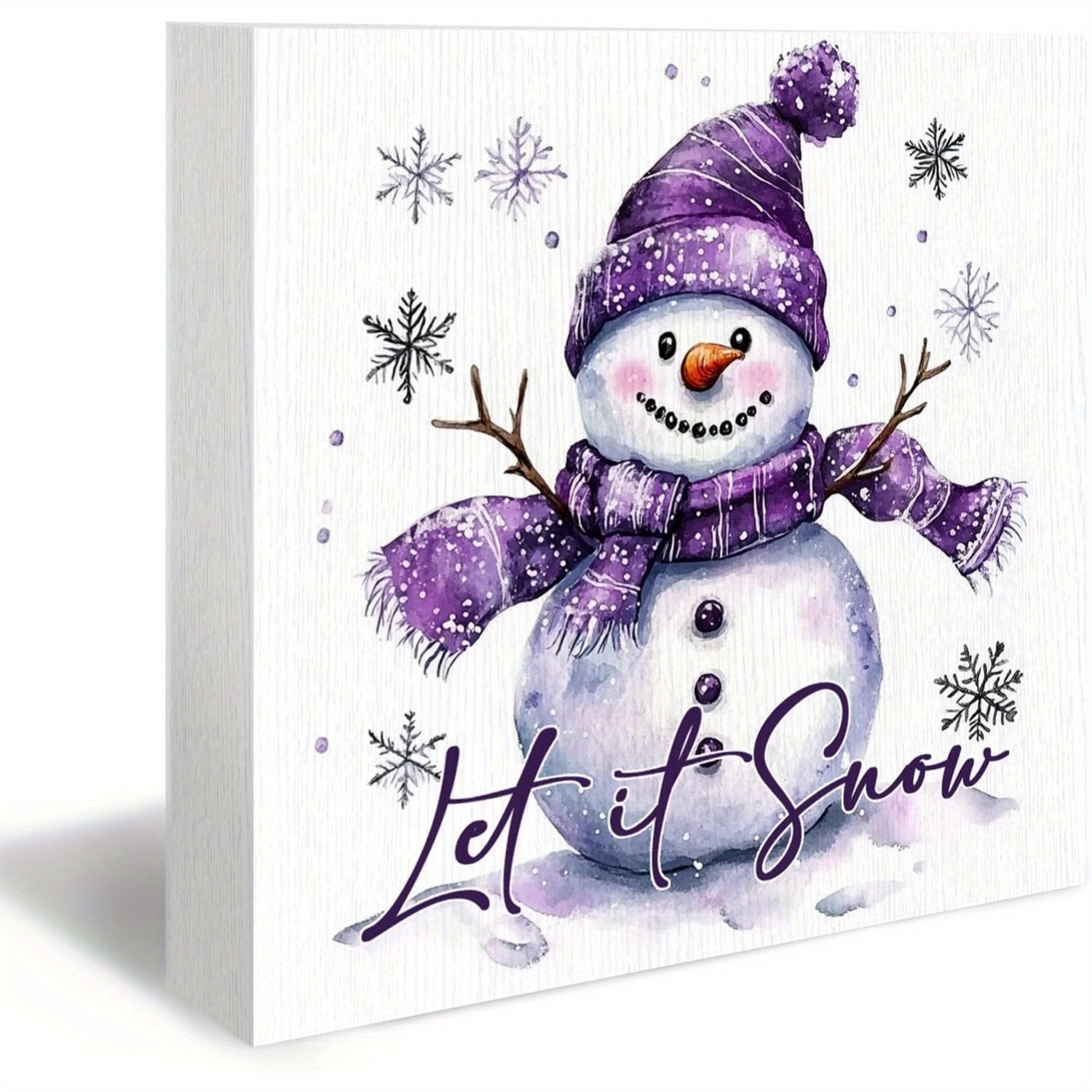 TEMU 1pc Wooden - Snow Lettering With Snowman & Snowflakes, Soft Purple & White Rustic Winter Decor, 5x5 Inch Cozy Tabletop Centerpiece For Christmas