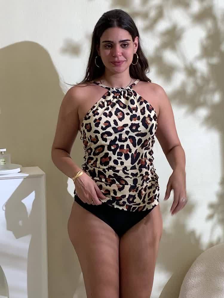 2023 Sexy Animal Print Halter Front Cutout Swimsuit Plus Size