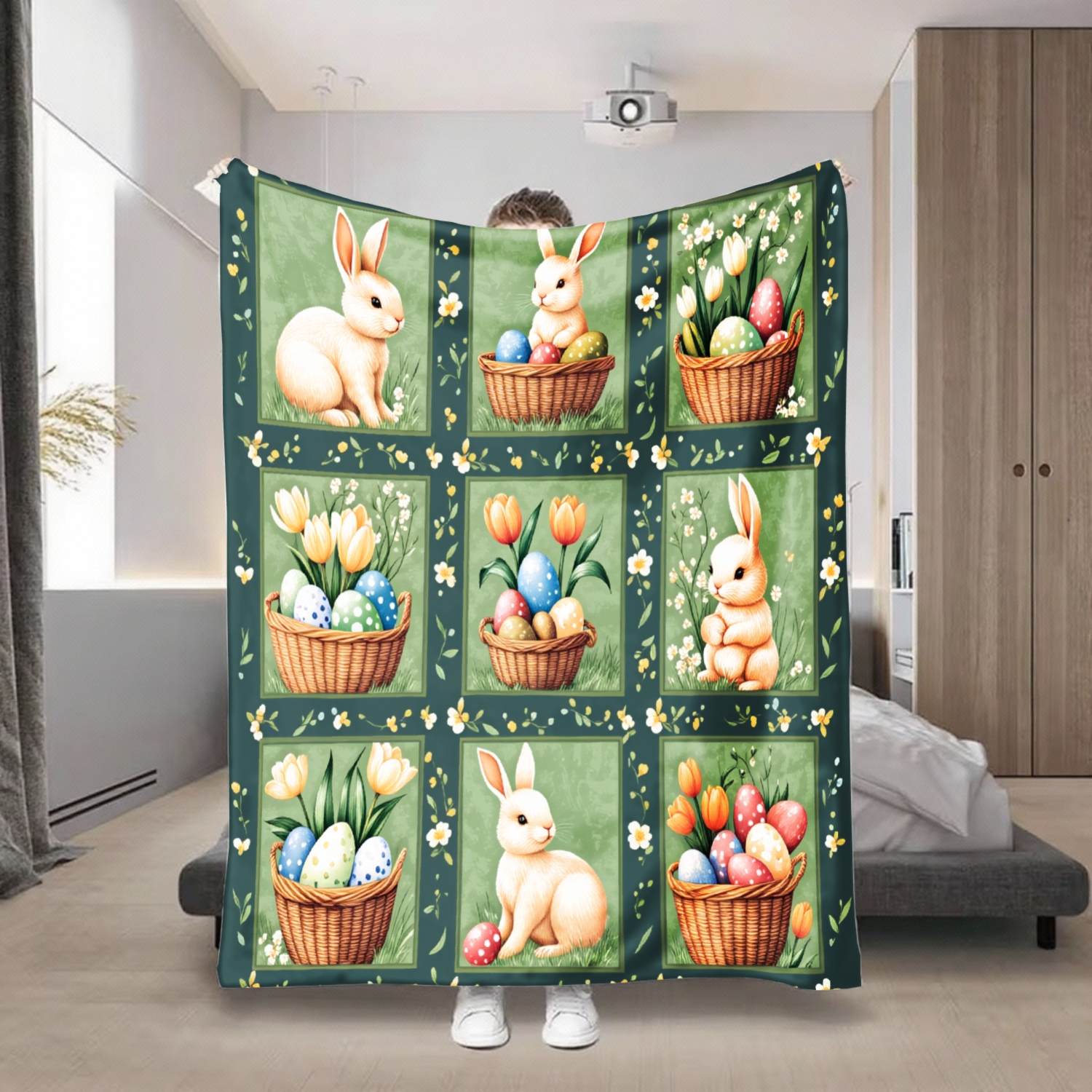 Easter Bunny And Tulip Floral Printed Quilted Blanket - A Soft And Cozy Fleece Blanket Suitable For Sofas, Beds, Cars, Offices, Camping, And Travel - A Warm Gift For , In Multiple Colors