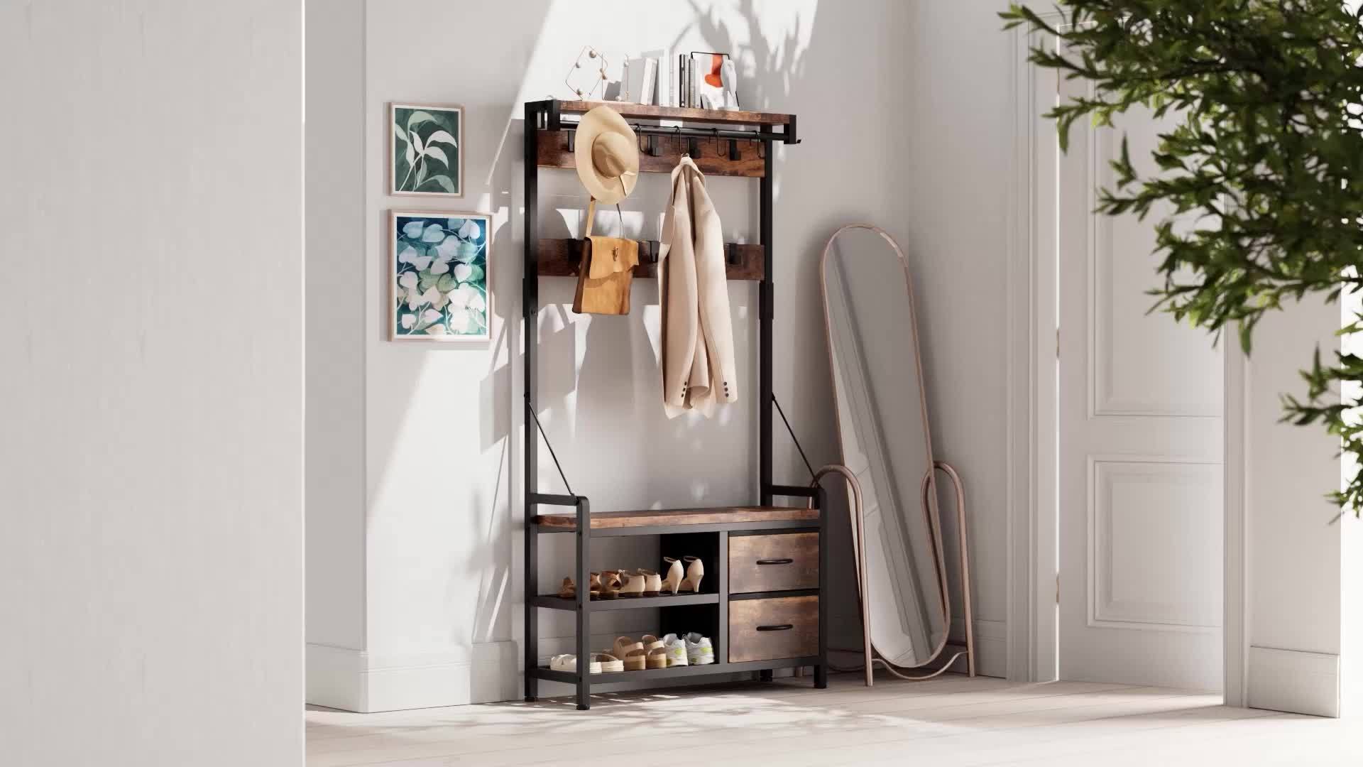 comfortable 6-In-1 Coat Rack with Entry Bench, Hall Tree with 17 Hooks, 2 Fabric Drawers, Shoe Rack, Metal‑Frame Entryway Coat Rack, Space-Saving Storage Organizer for Bedroom, Mudroom And Closet 6 comfortable 6-In-1 Coat Rack with Entry Bench, Hall Tree with 17 Hooks, 2 Fabric Drawers, Shoe Rack, Metal‑Frame Entryway Coat Rack, Space-Saving Storage Organizer for Bedroom, Mudroom And Closet - Image 6