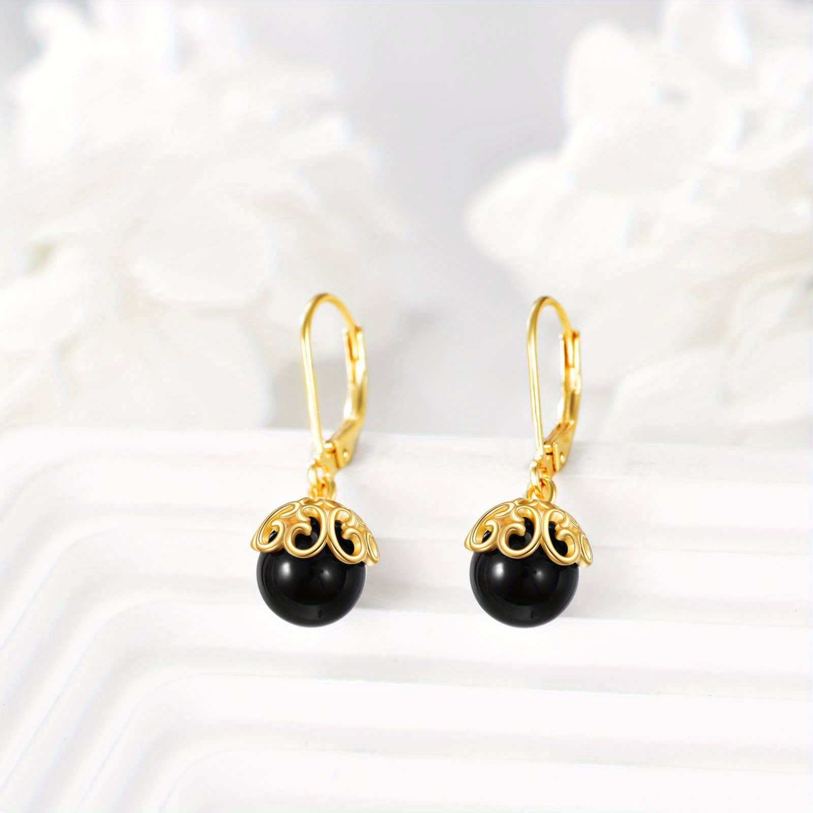 Women's Filigree Black Onyx Stone Drop Dangle Earrings, Elegant Style